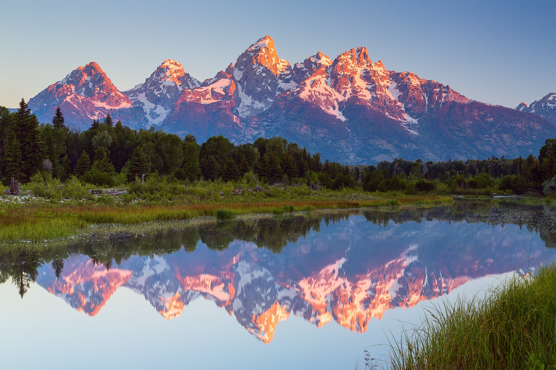 July, 1080P, Schwabachers Landing, water, non-urban scene, early in the morning, forest, beauty in nature, plant, tree, nature, reflection, Wyoming, outdoors, HD Wallpaper