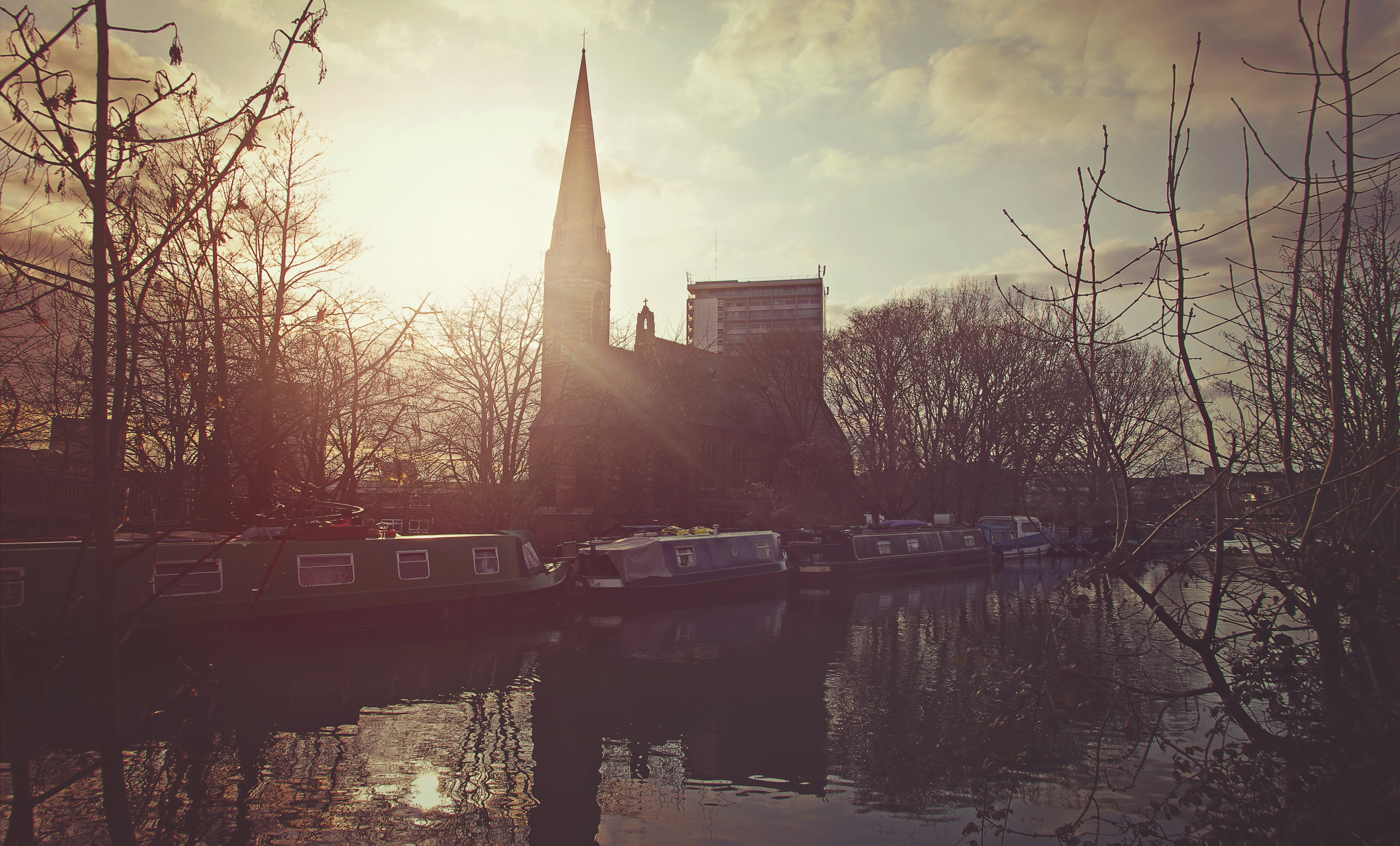 sky, little venice, historical, historic, tree, tower, silhouette, architecture, clouds, nautical vessel, spire, spring, barge, canal, capital, urban, city, HD Wallpaper