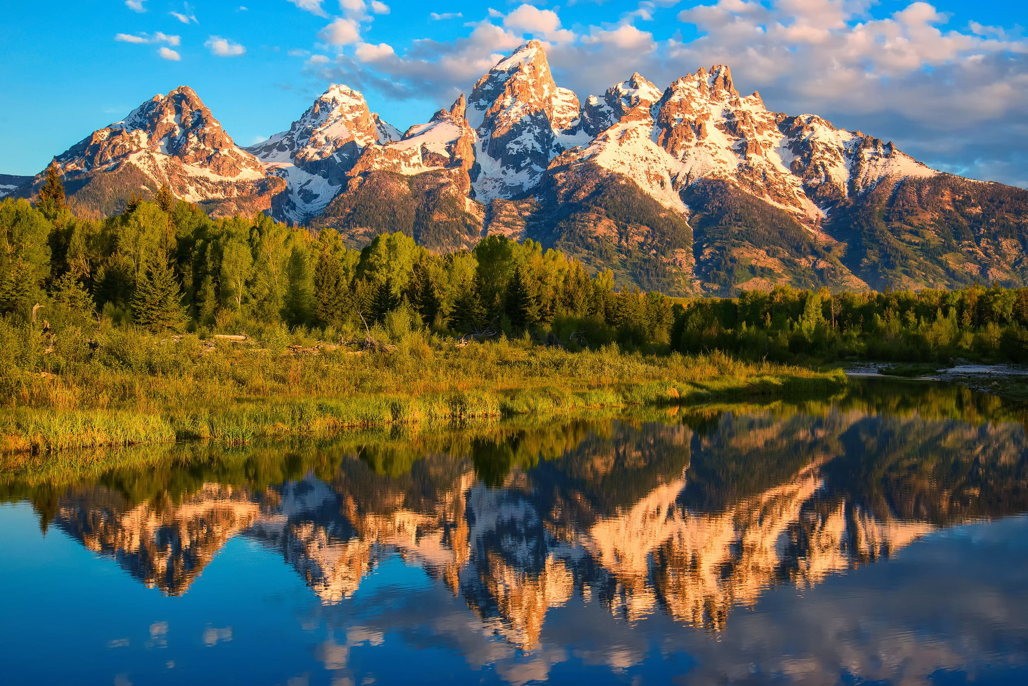 forest, Wyoming, summer, the sky, USA, 1080P, national Park Grand Teton, reflection, Schwabachers Landing, water, clouds, mountains, HD Wallpaper