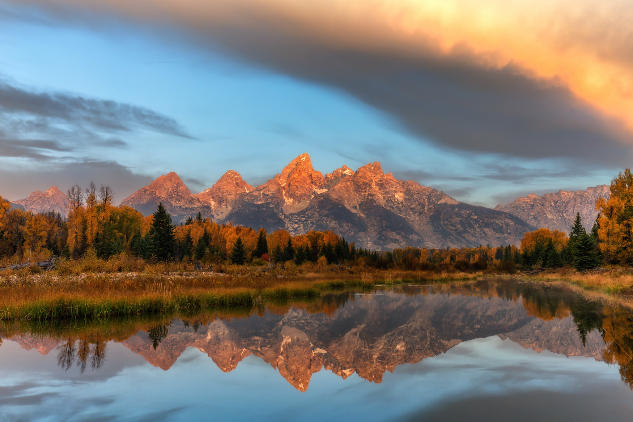 water, Schwabachers Landing, autumn, mountains, forest, the sky, reflection, clouds, USA, Wyoming, 1080P, national Park Grand Teton, HD Wallpaper
