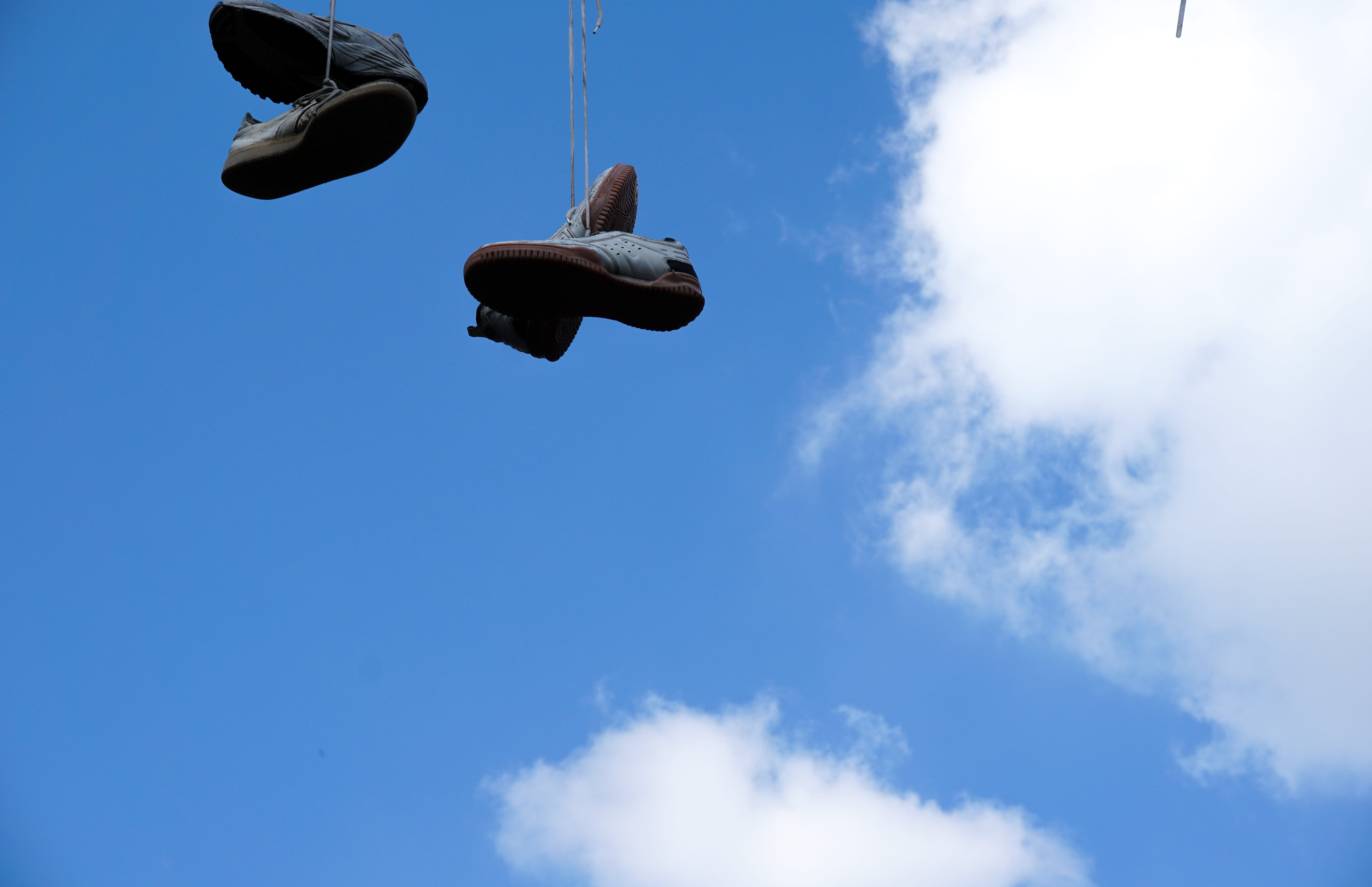 protection, blau, cloud, wolken, schuh, himmel, motion, technology, heaven, mid-air, day, surveillance, cloud - sky, sky, blue, metal, low angle view, arts culture and entertainment, HD Wallpaper