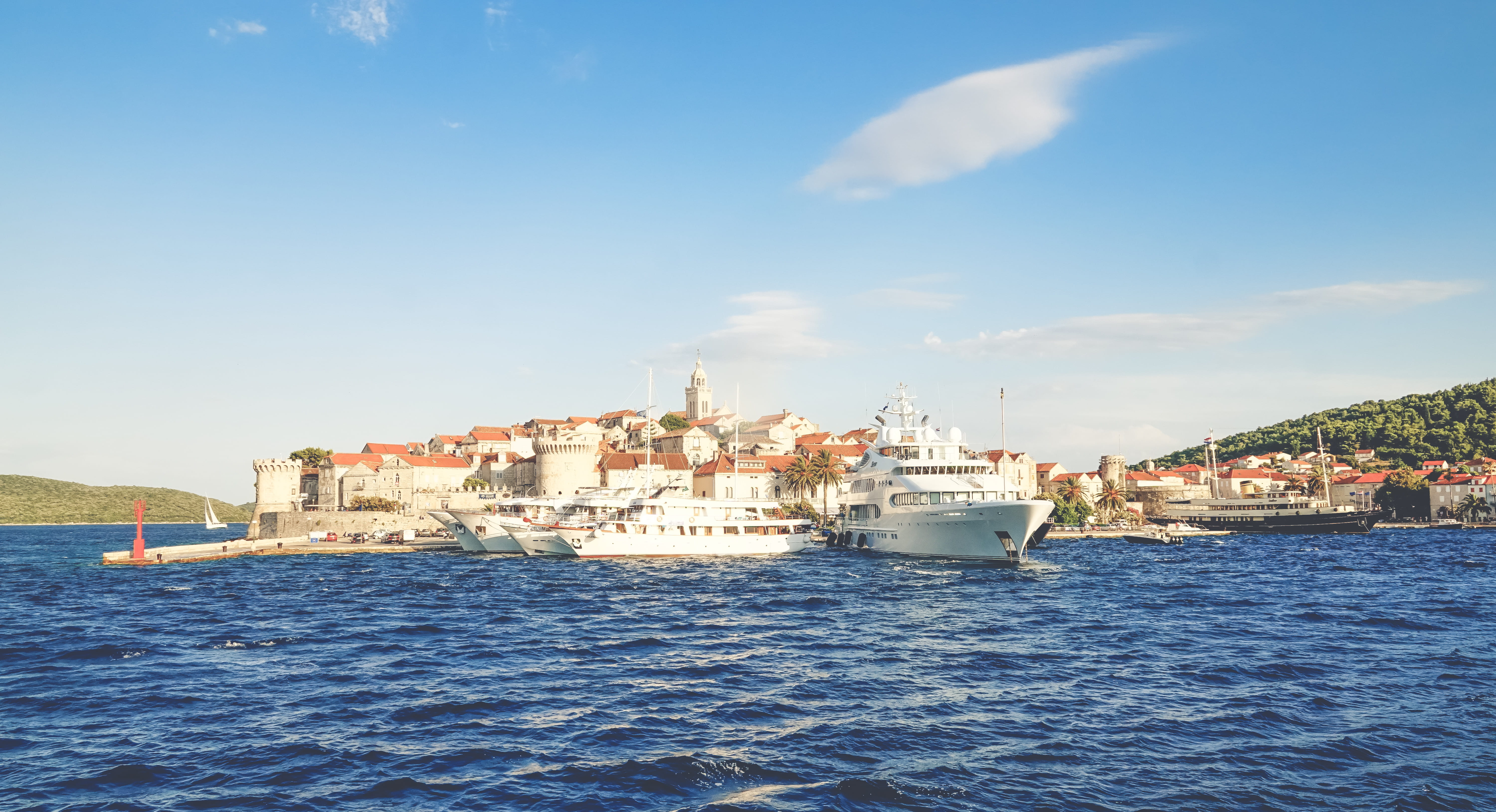 sky, urban, island, coast, cruise ship, croatia, tourism, mode of transportation, boat, korcula, seaside, 5K, nautical vessel, city, passenger craft, yacht, HD Wallpaper
