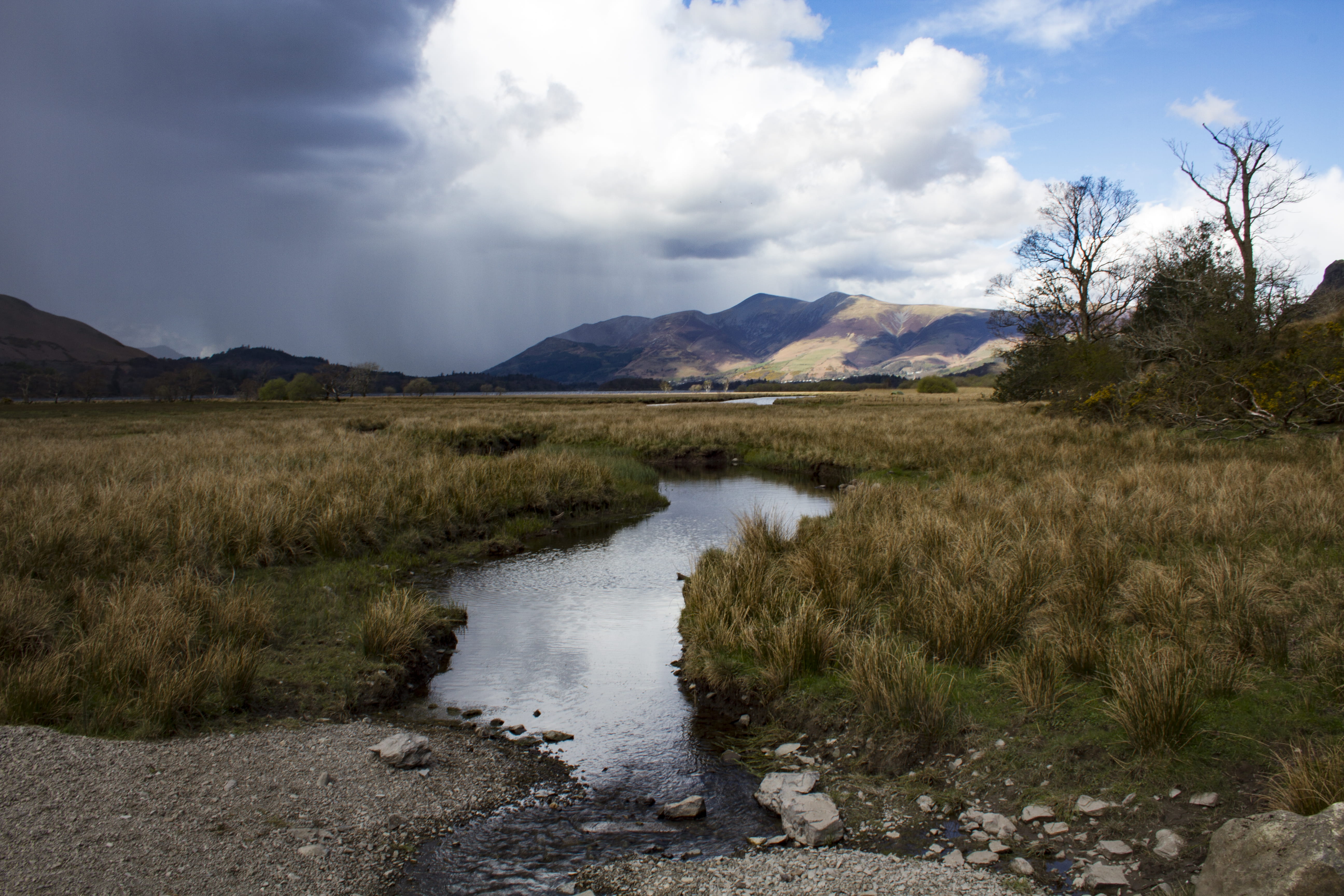 mountain range, water, walking, environment, wetlands, trees, landscape, weather, day, no people, united kingdom, cloud - sky, nature, contrast, blue sky, HD Wallpaper