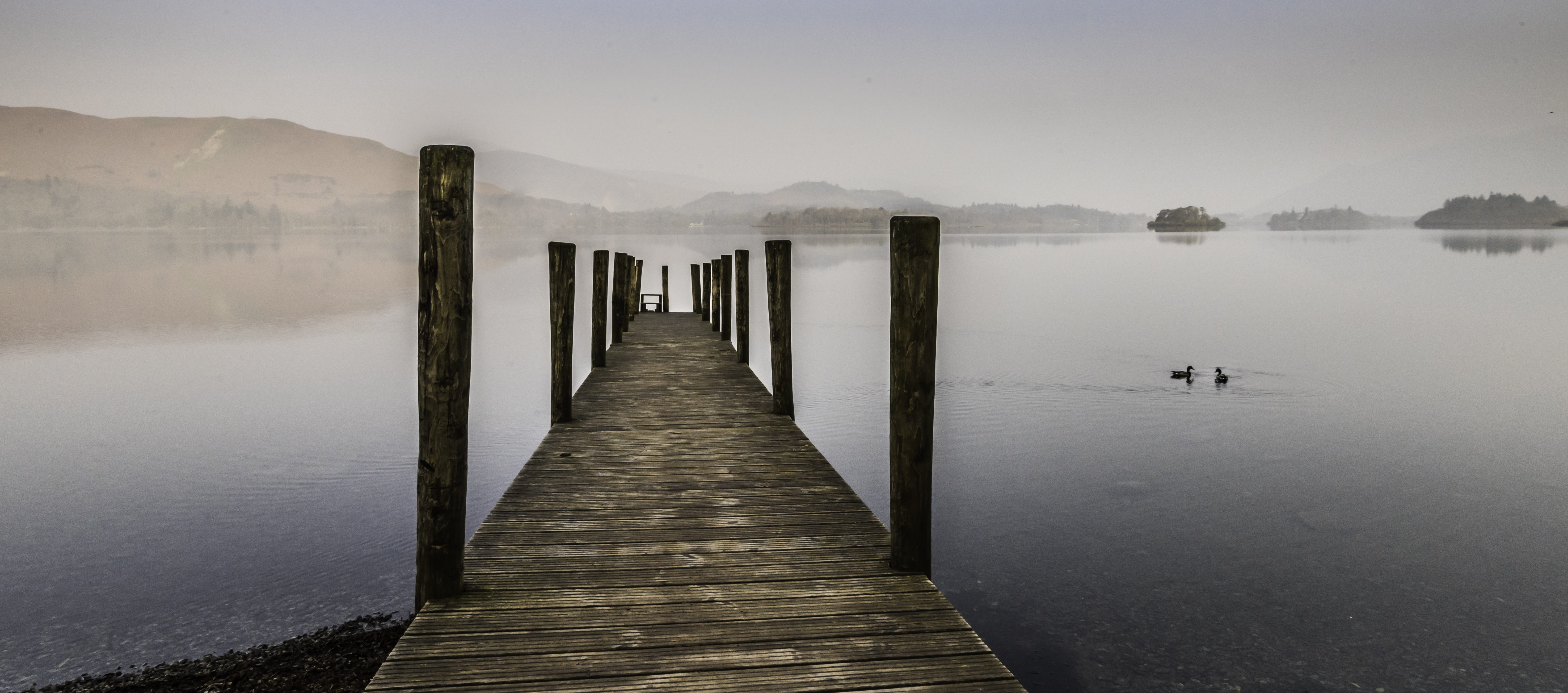 5K, lake, landscapes, no people, cumbria, day, outdoor, water, england, wood - material, derwent, fog, nature, keswick, built structure, beauty in nature, HD Wallpaper
