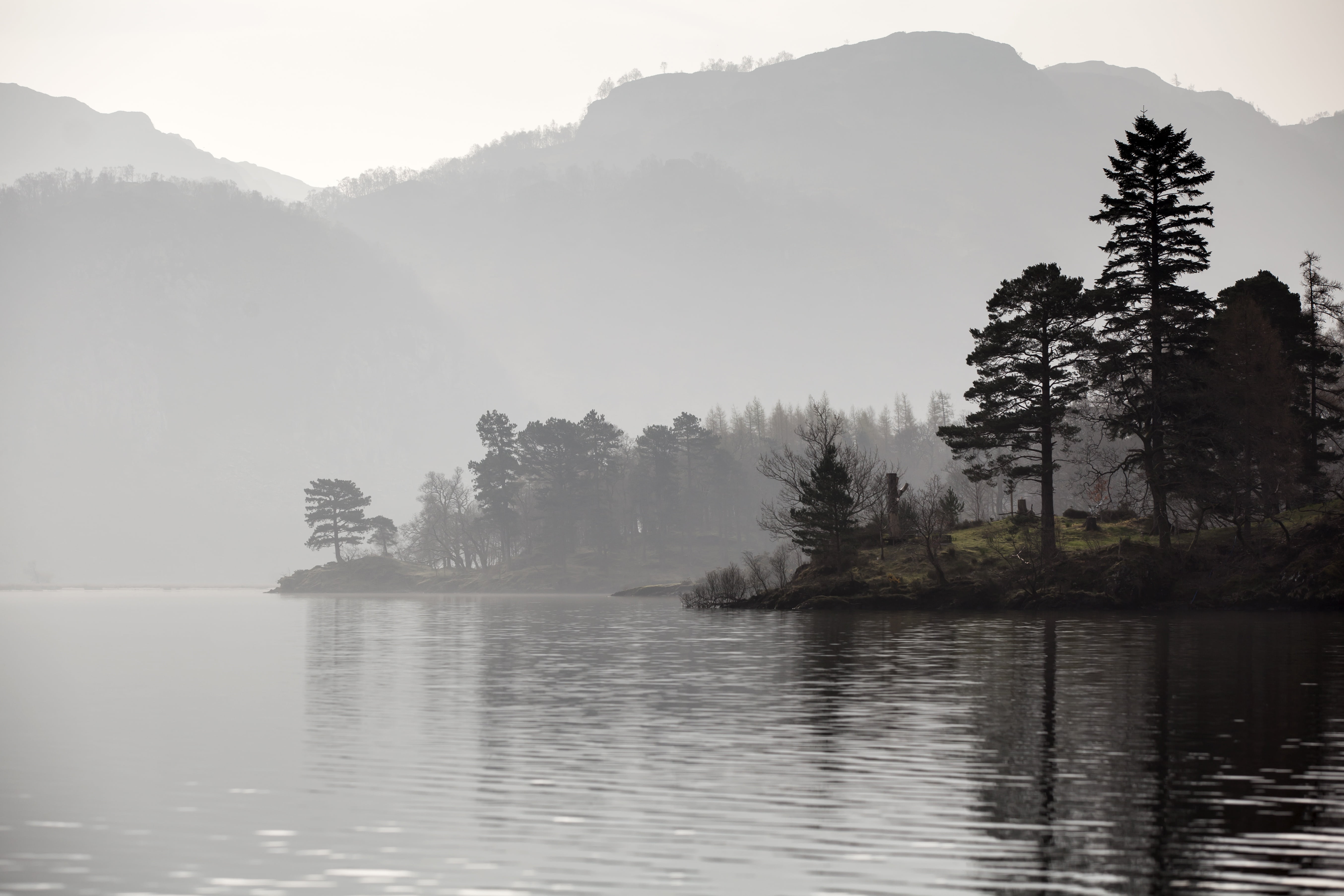 lake, plant, beauty in nature, river, non-urban scene, nature, water, tree, outdoors, lake district, mountain, day, fog, forest, waterfront, sky, growth, HD Wallpaper