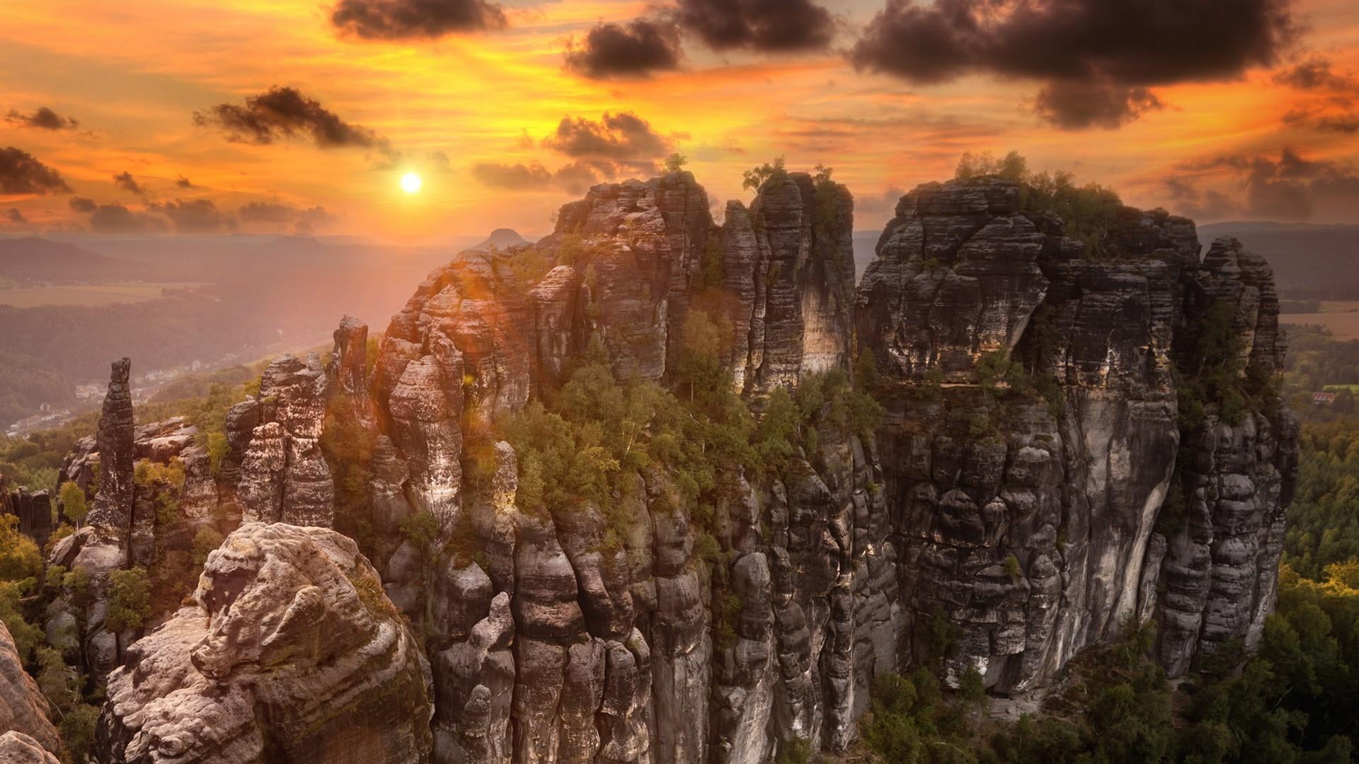 tranquility, mountain, cloud - sky, scenics - nature, tree, travel destinations, europe, sunset, outdoors, germany, schrammsteine, nature, cliff, 1080P, HD Wallpaper
