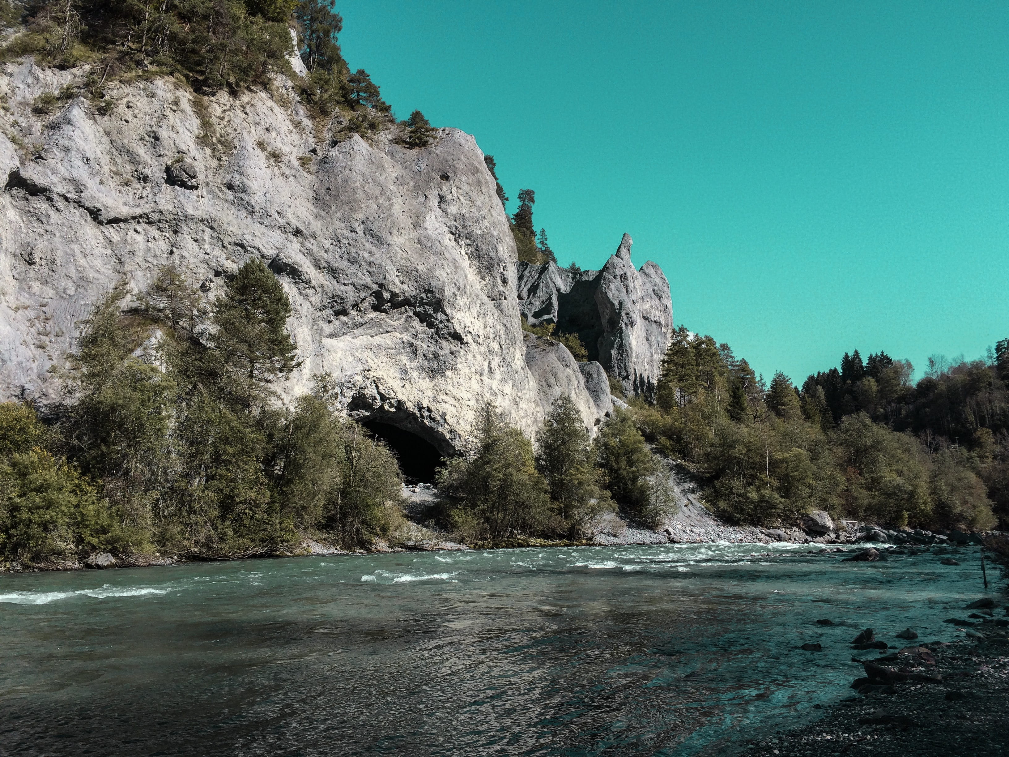 valais, tree, tranquil scene, outdoors, schweiz, forest, picture, 2K, green, beauty in nature, river, non-urban scene, rocks, sea, switzerland, solid, HD Wallpaper