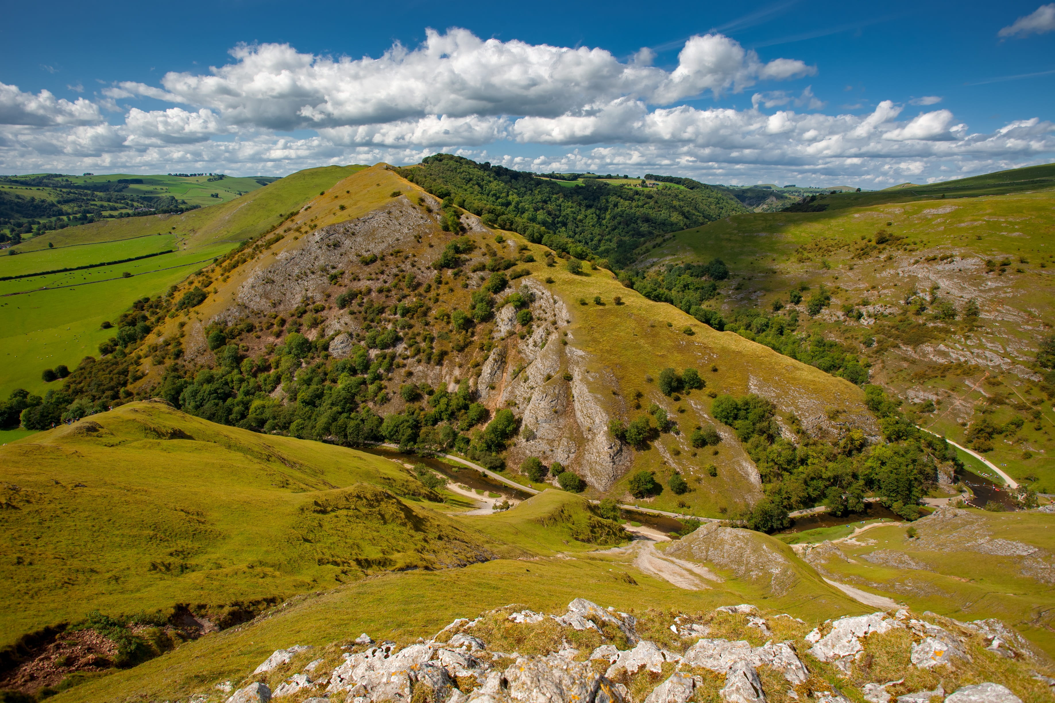 nature, dovedale, sky, mountain, staffordshire peak district, thorpe cloud, green color, non-urban scene, ilam, water, plant, cloud - sky, tranquility, HD Wallpaper
