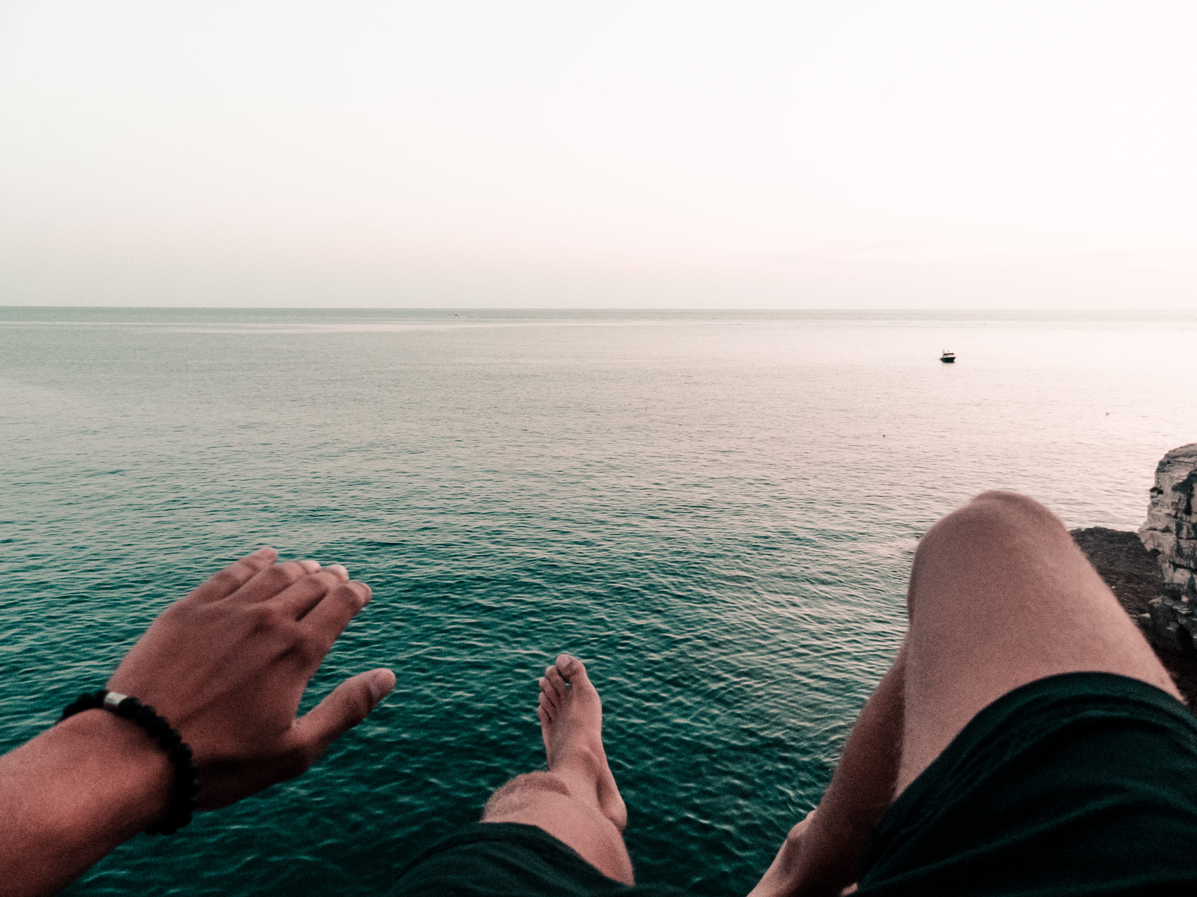 barefoot, nature, human leg, adriatic, height, orange, ocean, sky, day, horizont, croatia, felsen strand, water, 4K, high, bracelet, horizon, teal, view, HD Wallpaper