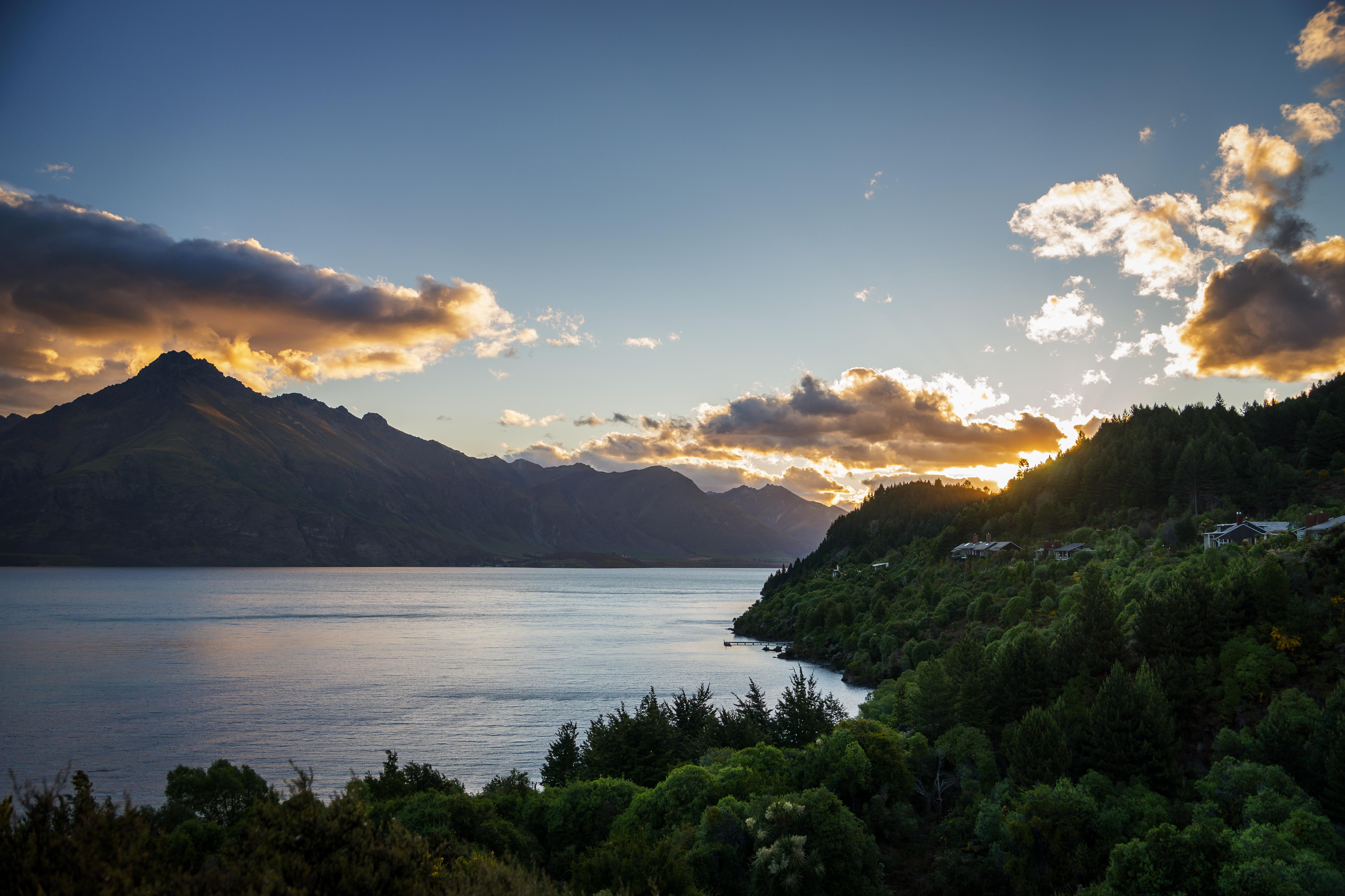 non-urban scene, vacations, blue, dusk, european Alps, lake wakatipu, scenics - nature, water, tranquil Scene, sea, panoramic, summer, clouds, reflection, HD Wallpaper