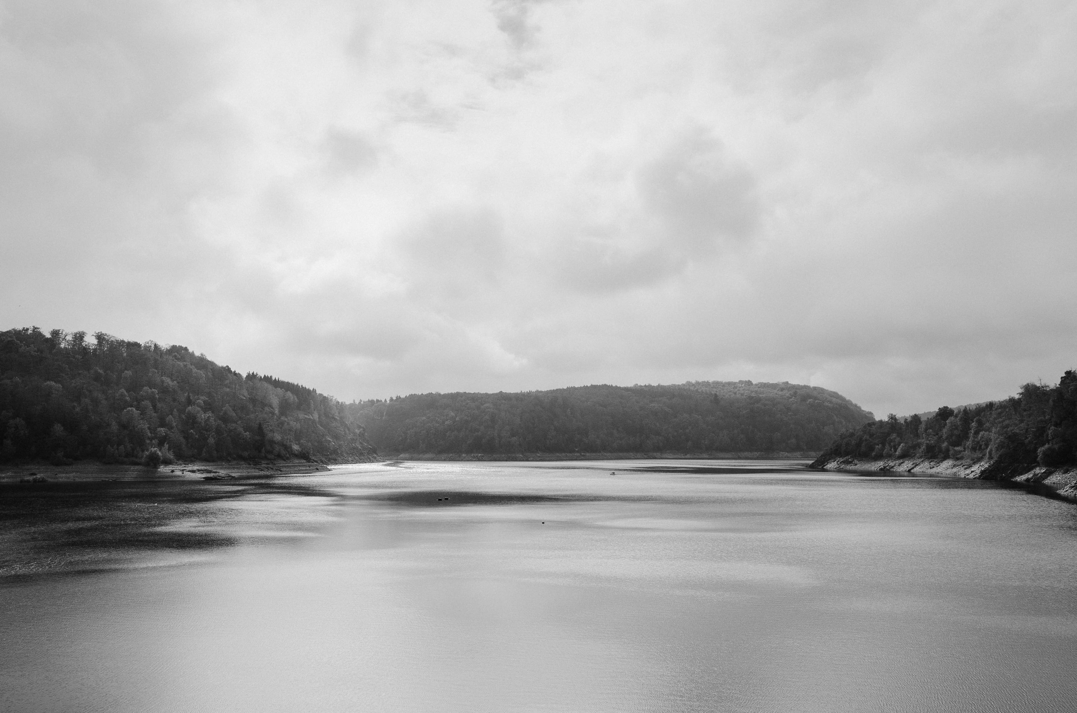 landscape, mountain, water, outdoors, day, autumn, scenics - nature, horizontal, weather, nature, silhouette, sky, gray, monochrome, white, beach, environment, HD Wallpaper