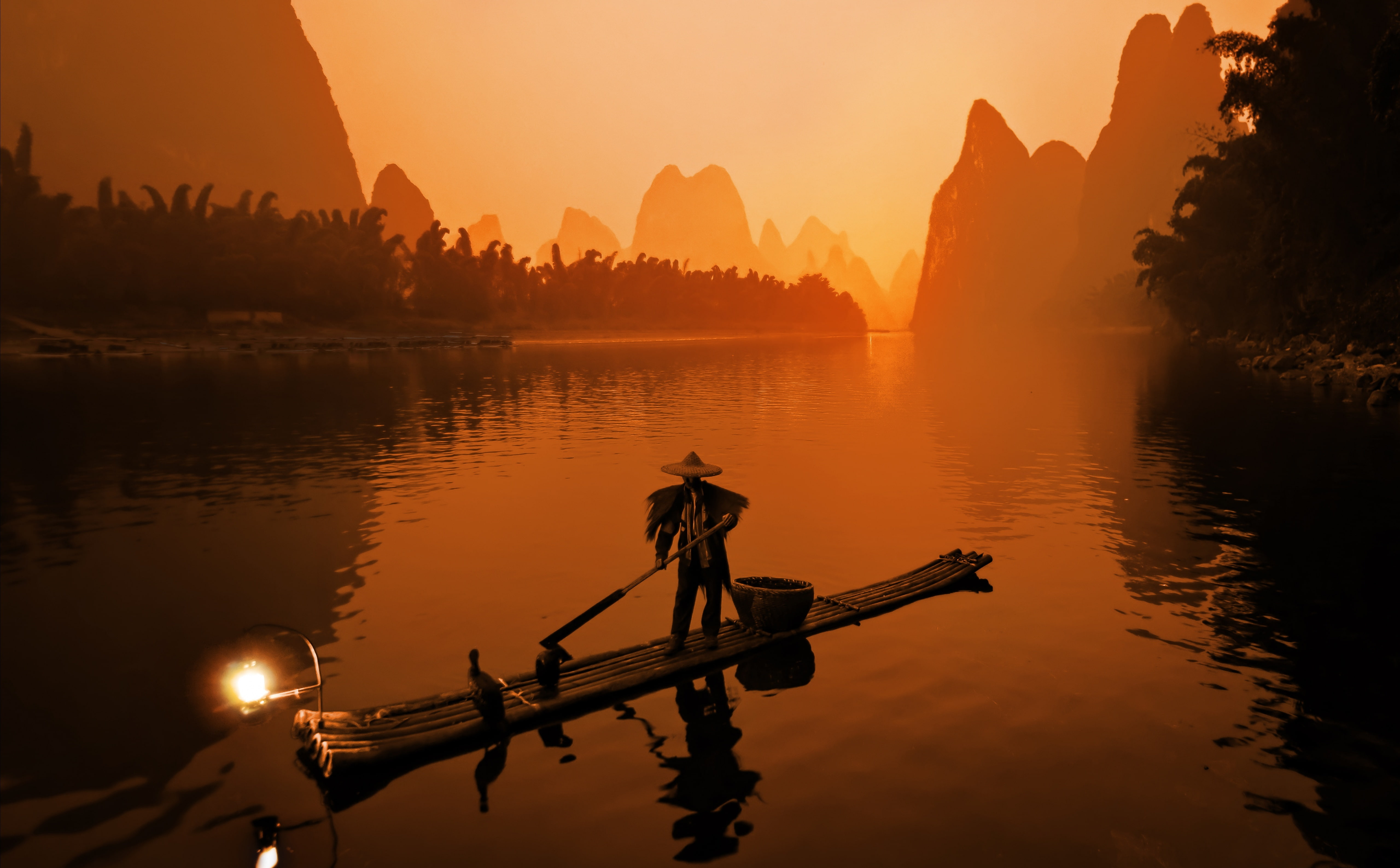 beauty in nature, boat, tranquility, sun, China, nature, River, water, lake, 5K, Asia, orange color, transportation, scenics - nature, reflection, silhouette, HD Wallpaper