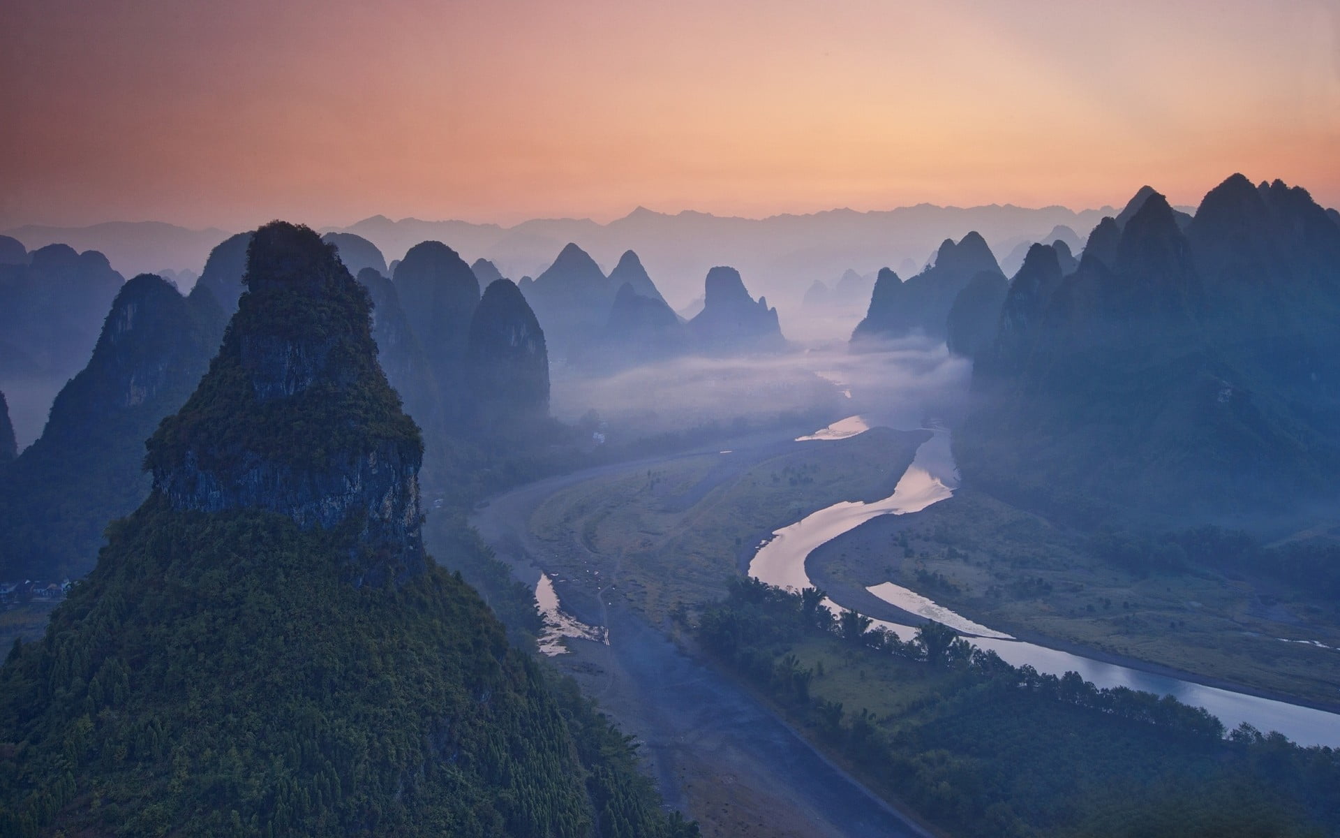 no people, 1080P, sun, mountain peak, mountain, beauty in nature, tranquility, forest, landscape, China, river, mist, tree, sky, non-urban scene, fog, HD Wallpaper