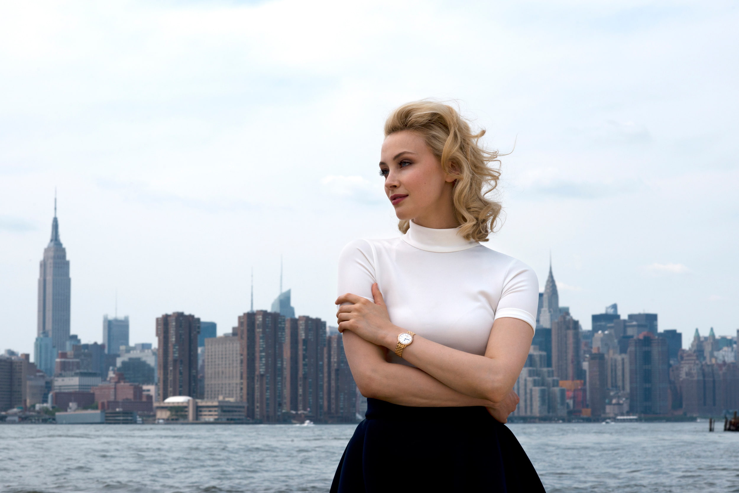 women, blonde, the city, shirt, photographer, 1080P, Caitlin Cronenberg, sleeved, background, home, actress, white, river, makeup, hairstyle, s, short, HD Wallpaper
