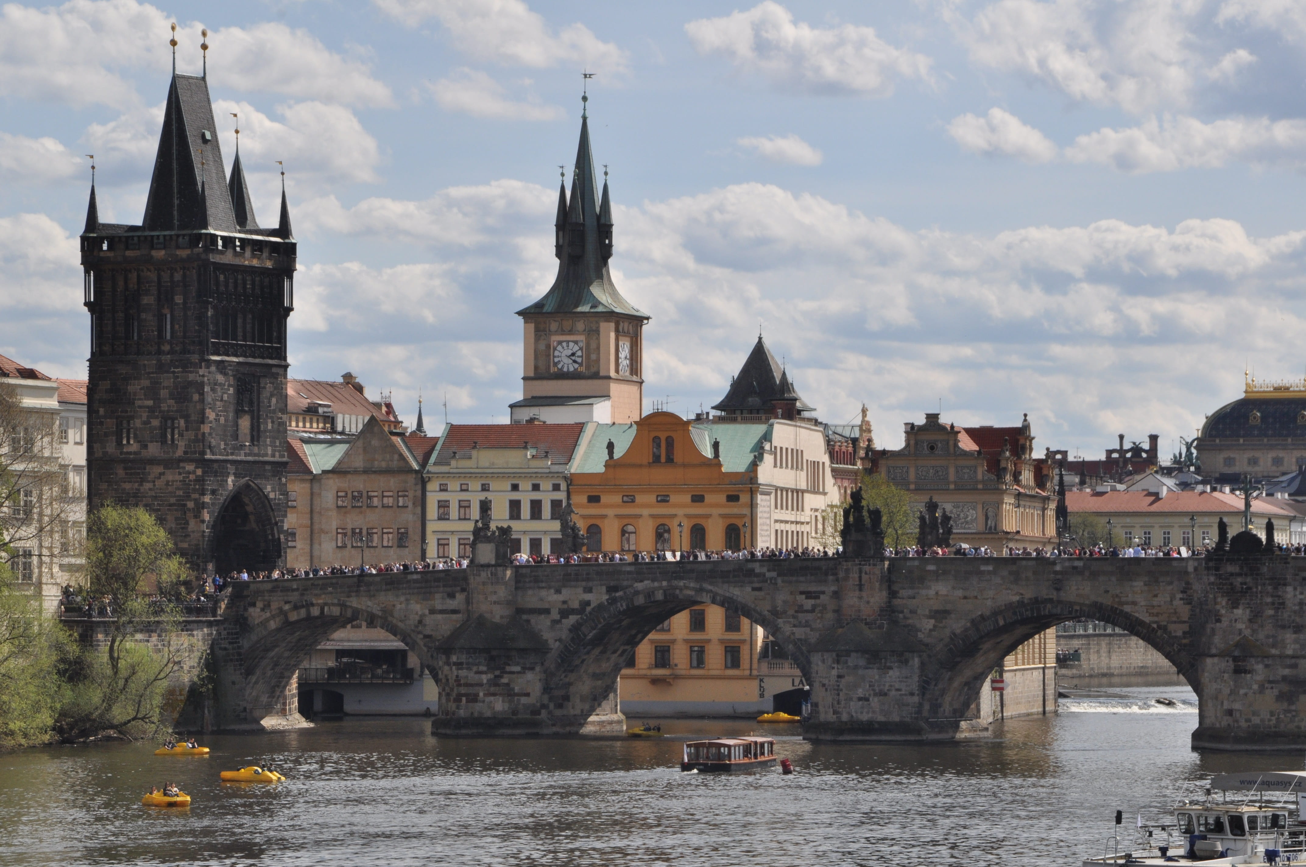 outdoors, daytime, travel destinations, architecture, prague, old, arch bridge, passenger craft, travel, waterfront, connection, city, sky, bridge, transportation, HD Wallpaper