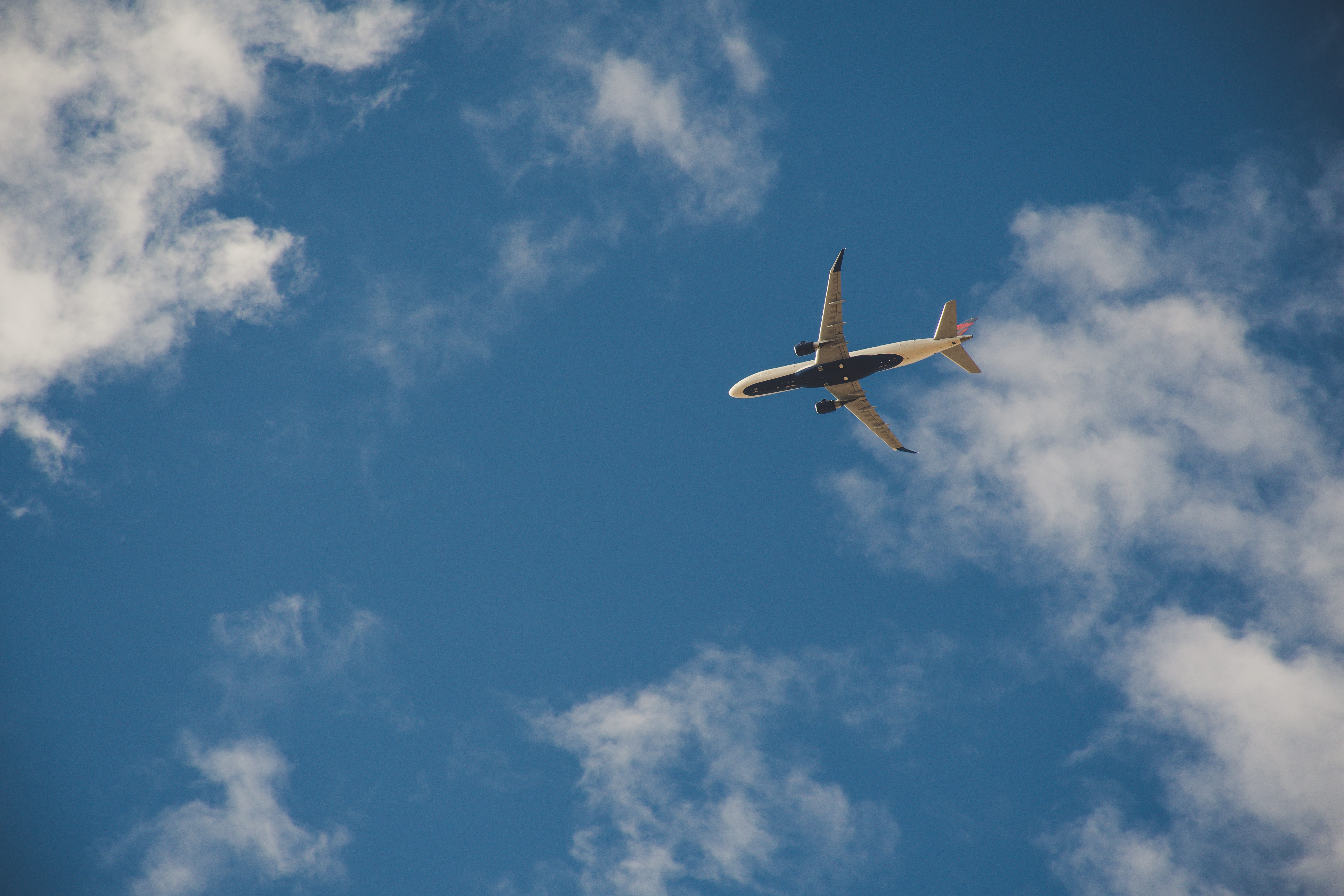 worms eye view, eye, mode of transportation, atmosphere, mid-air, plane, travel, vehicle, transportation, 5K, cloud - sky, aircraft, view, outdoors, nature, HD Wallpaper