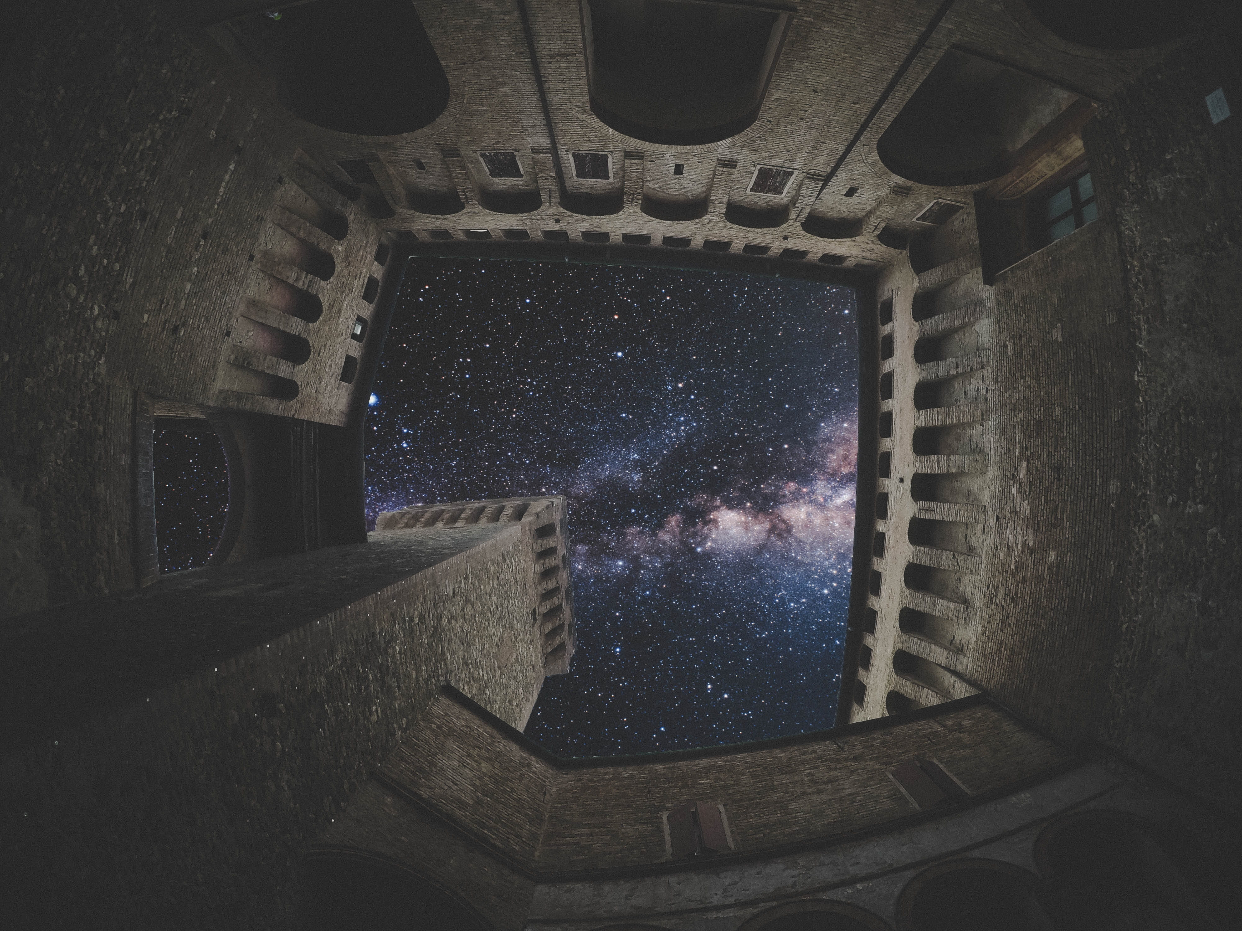 stars, wall - building feature, architecture, low angle view, abandoned, steps and staircases, history, worm, cosmos, starry sky, view, 4K, no people, HD Wallpaper