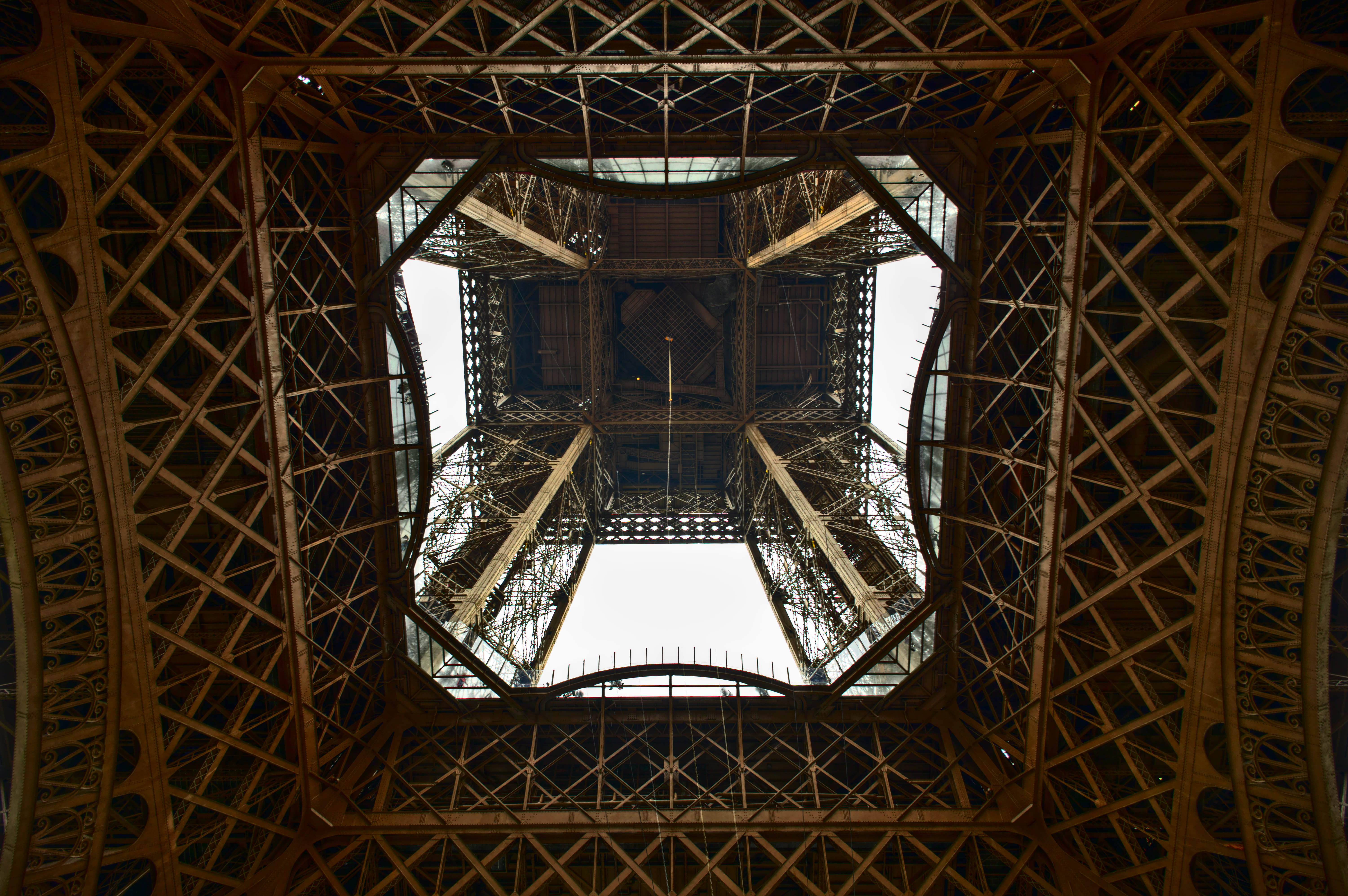 tourism, the past, directly below, eyeview, eiffel, architecture, pattern, tower, metal, built structure, low angle view, 5K, building, ceiling, city, HD Wallpaper