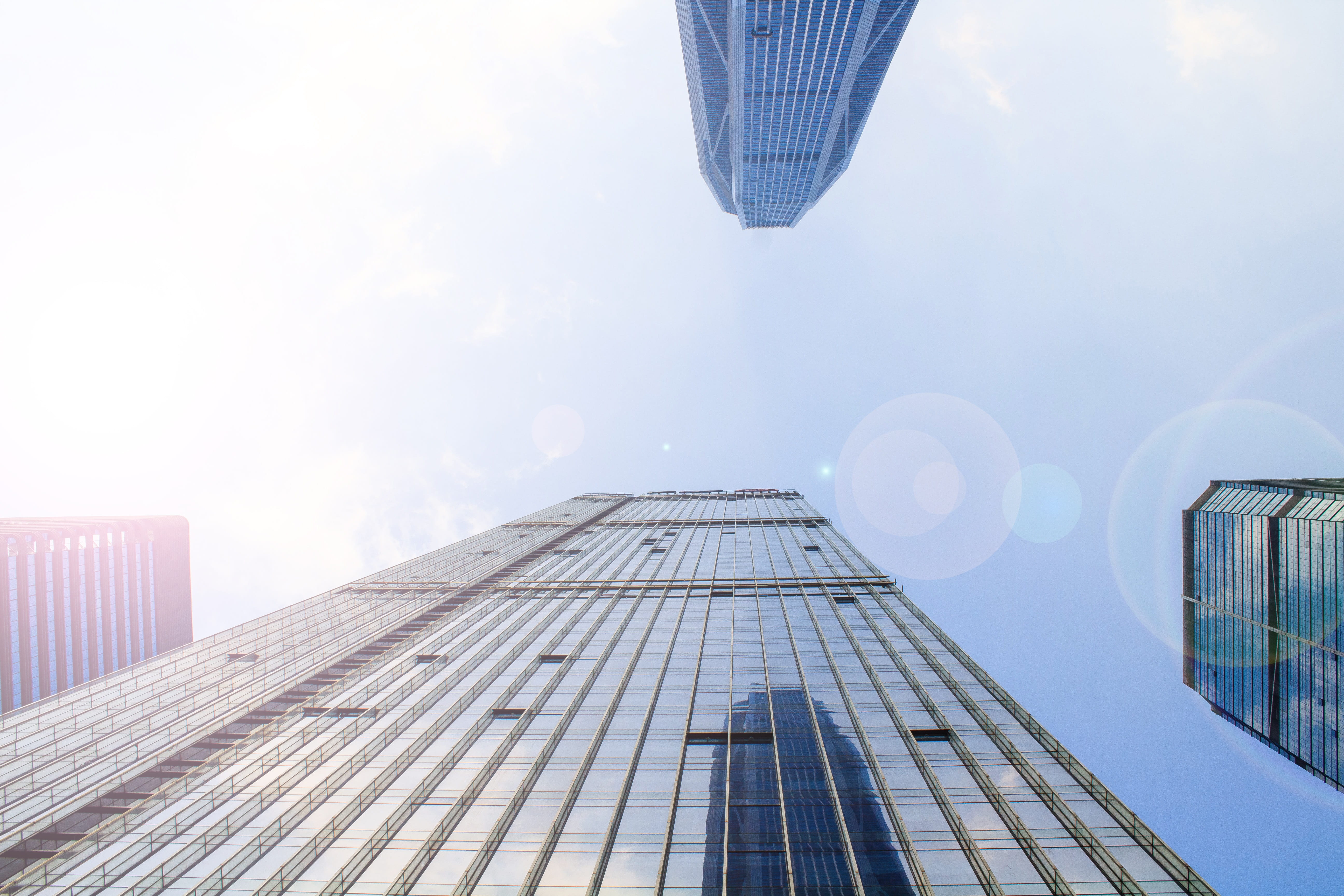 business, cityscape, high, skyline, worm, sky, lens flare, architecture, 5K, financial, nature, building, financial district, eyeview, directly below, HD Wallpaper