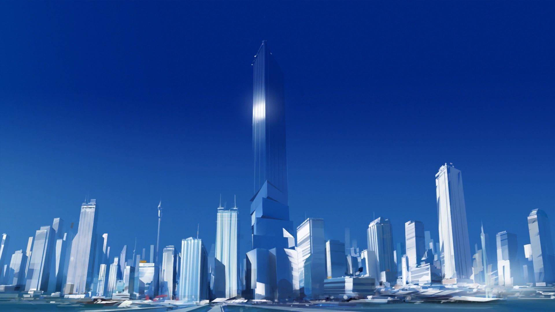 financial district, mirrors edge, s, architecture, buildings, clear sky, 1080P, outdoors, nature, building exterior, eyeview, built structure, the city, HD Wallpaper