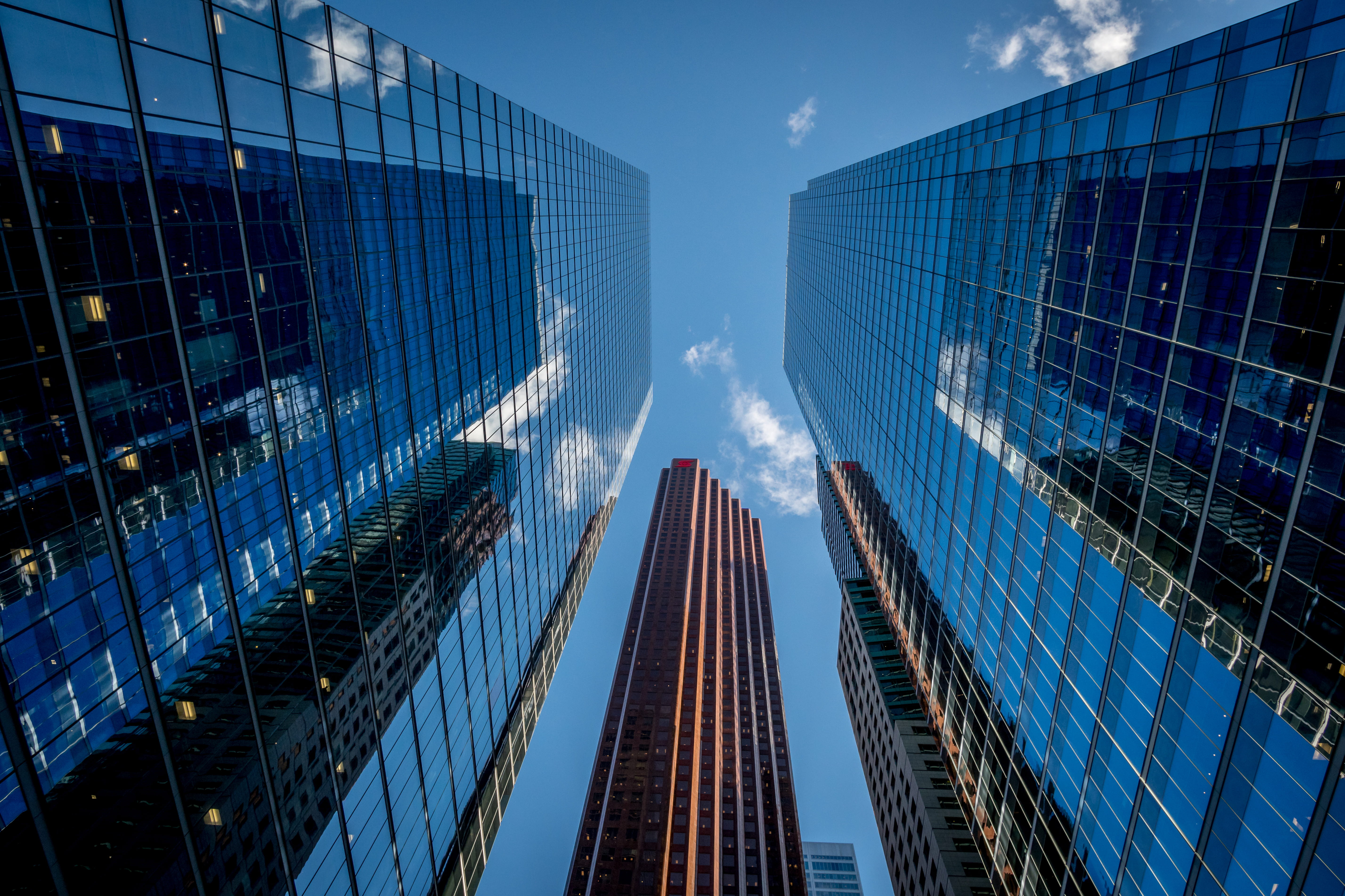 city, reflective, tower, office building exterior, nature, towers, reflection, office, tall - high, financial district, blue, alloy, directly below, glass - material, HD Wallpaper