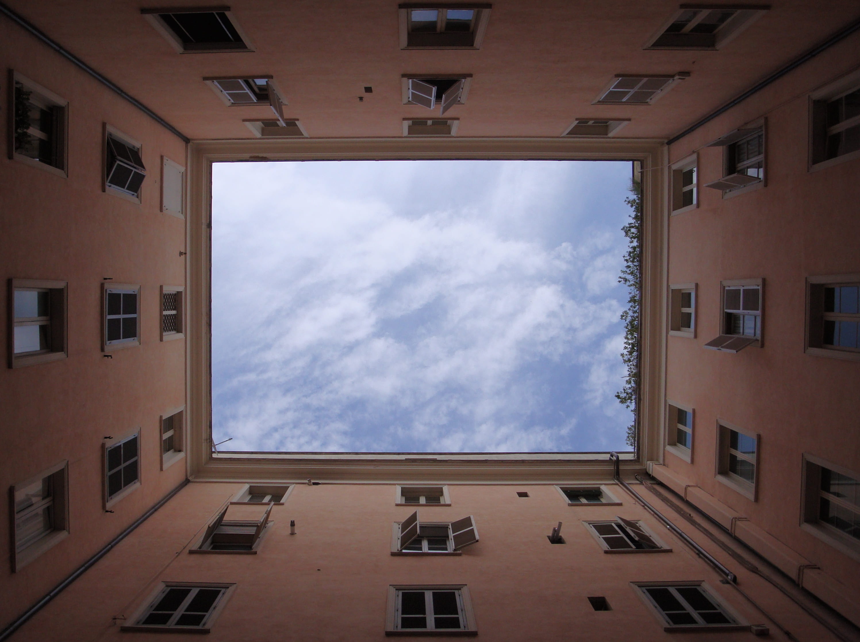 cloud - sky, low angle view, apartment, building, architecture, daytime, house, europe, eyeview, day, city, directly below, frame, prison, nature, buildings, HD Wallpaper