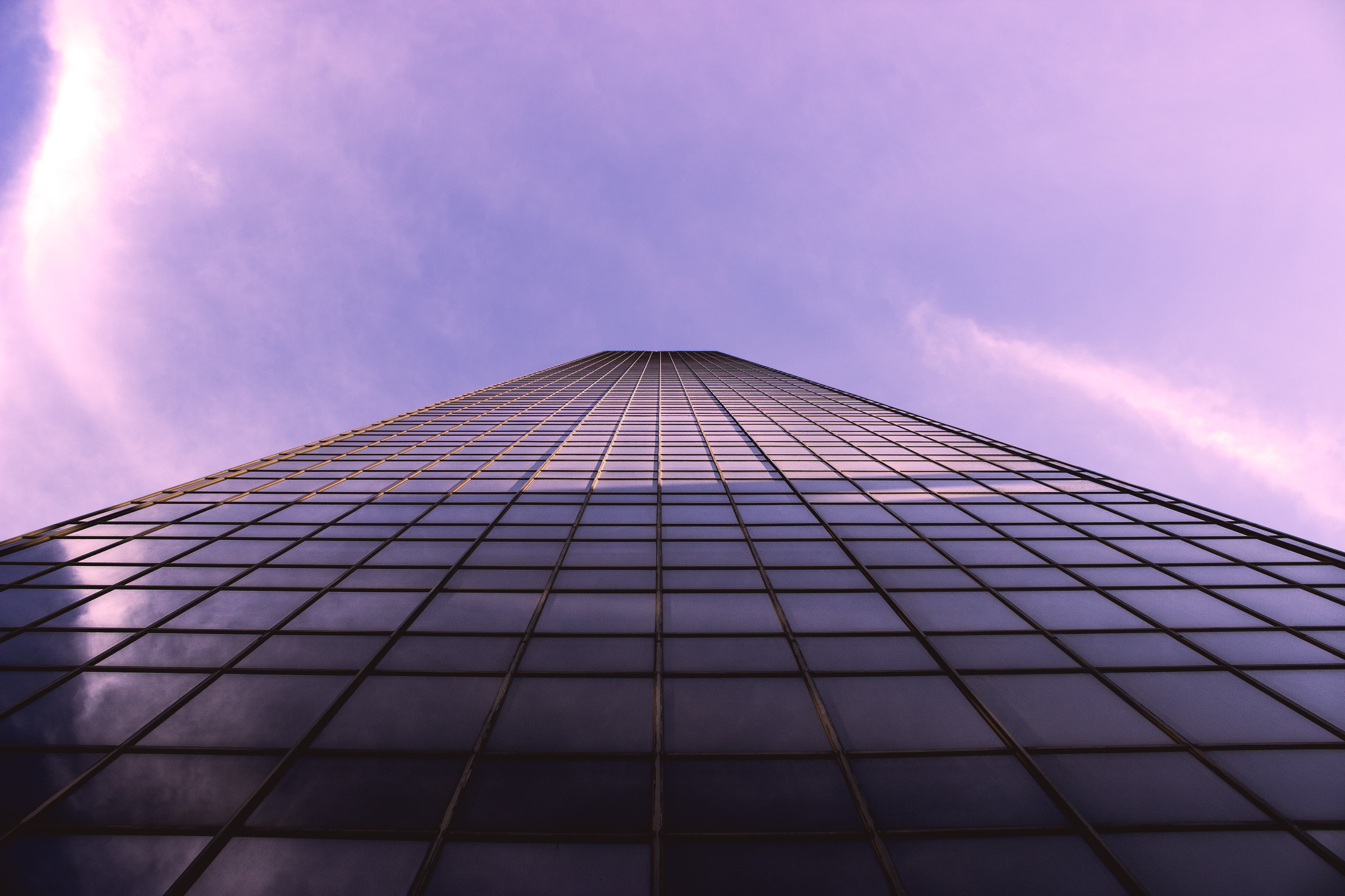 cloud - sky, architecture, skyscraper, no people, outdoors, city, directly below, worms, building, purple, white, building exterior, built structure, travel destinations, HD Wallpaper