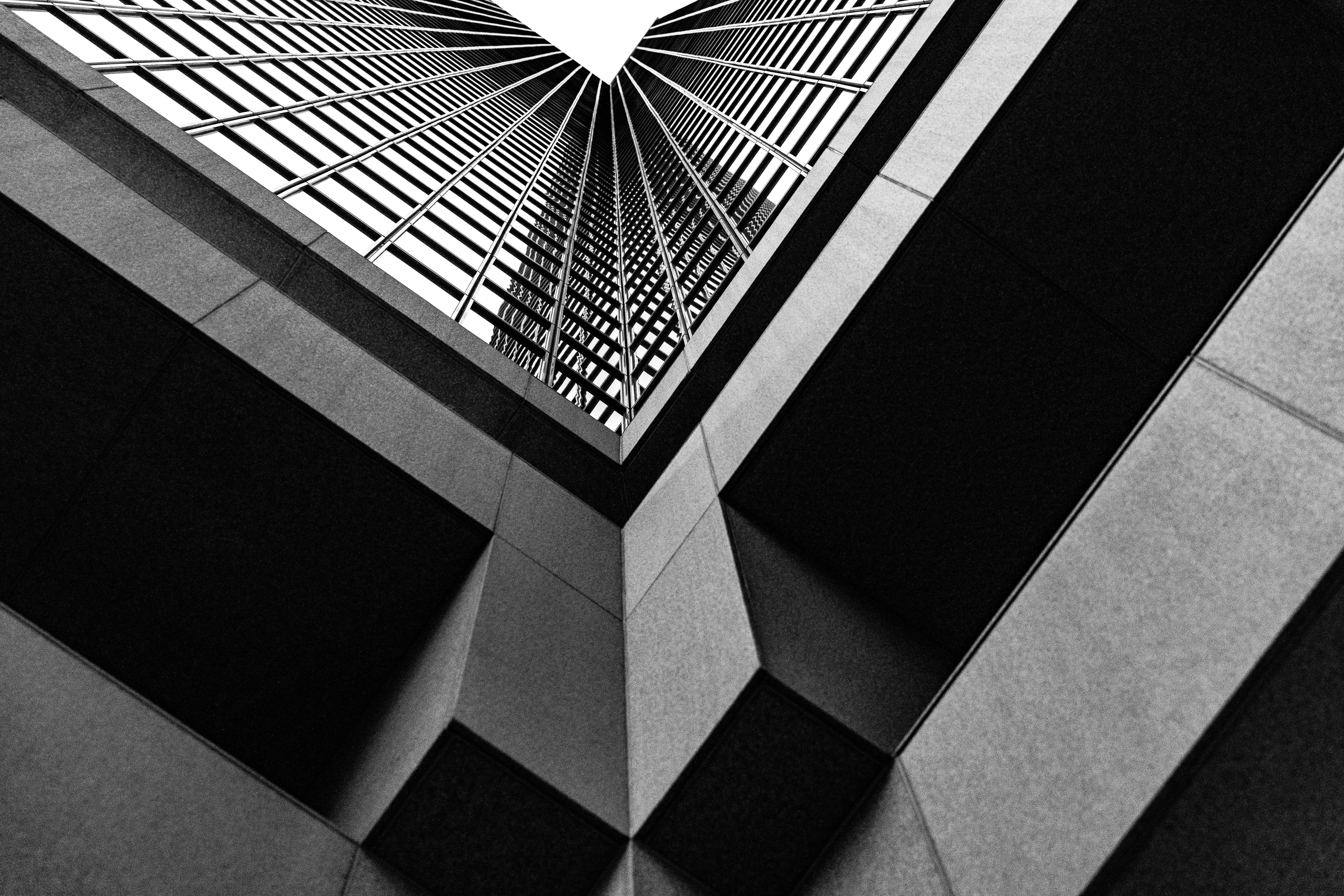 parallel, flooring, photography, abstract, black and white, day, shape, edge, tiled floor, sunlight, building, railing, lines, corner, design, directly below, HD Wallpaper