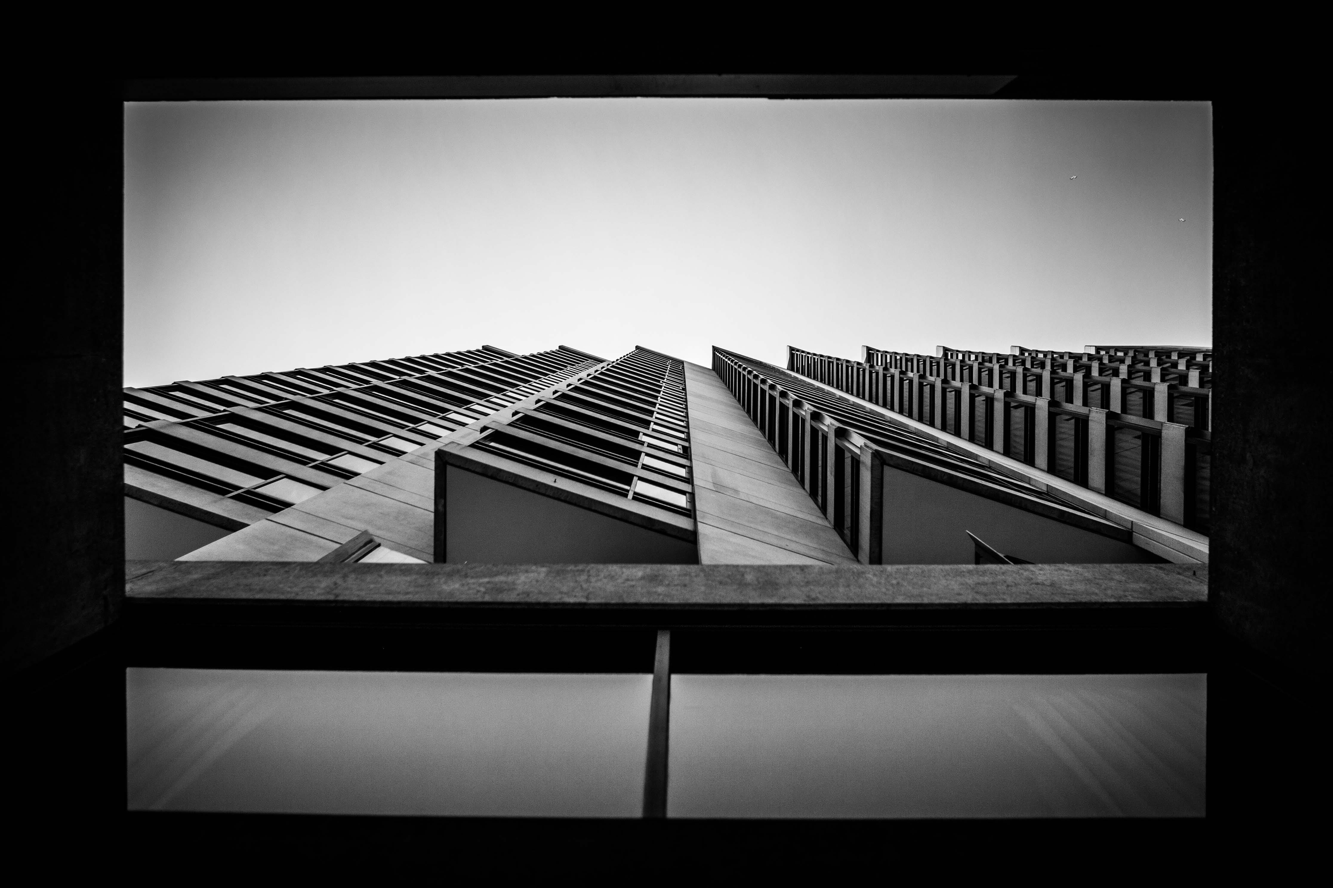 sky, s, monochrome, worm, Viewfinder, city, architecture, clear sky, eyeview, black And White, multi, directly below, in a row, indoors, 4K, HD Wallpaper