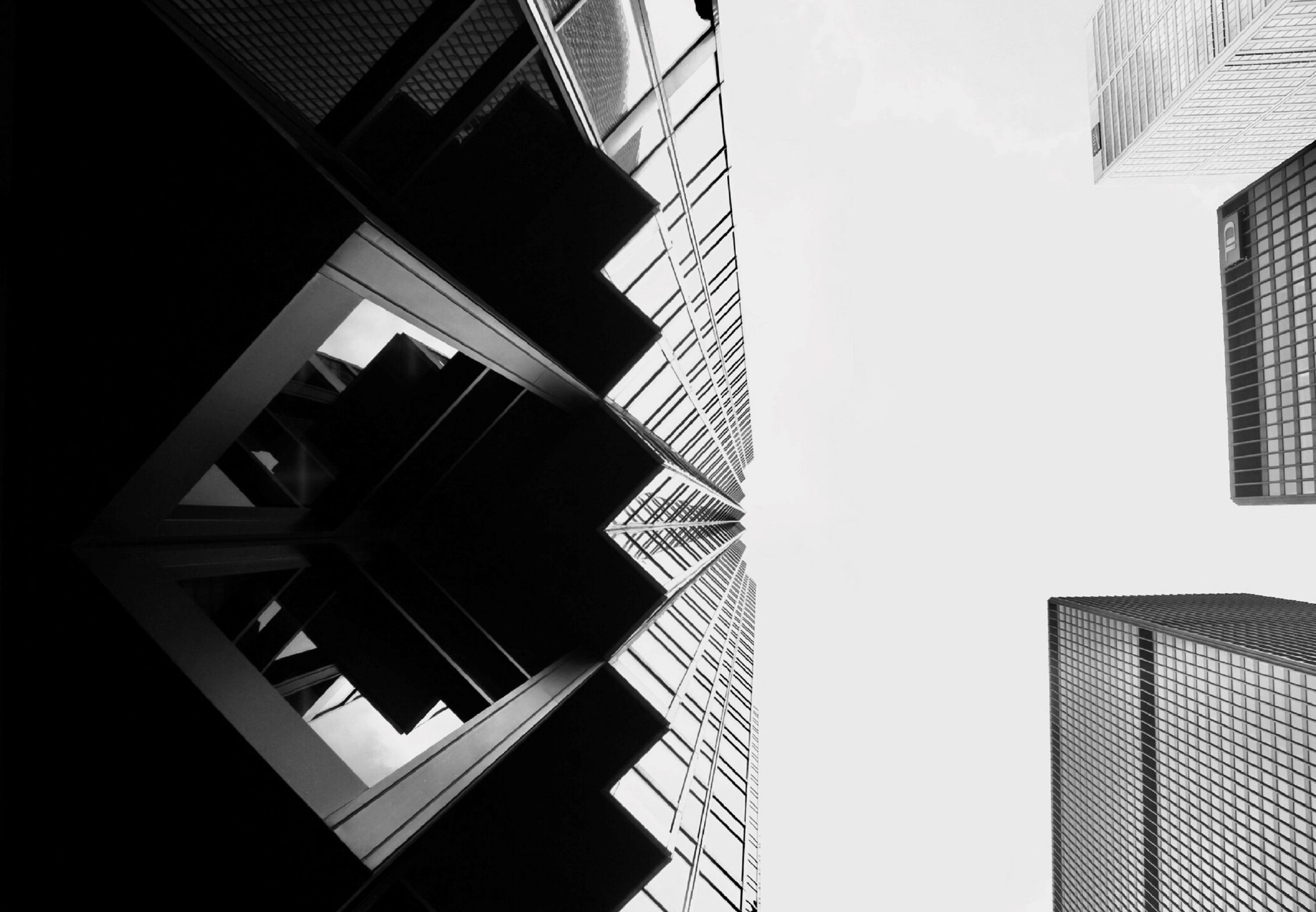 city, futuristic, architecture, shape, vanishing Point, business, monochrome, reflection, looking up, city Life, high, #building, design, facade, black And White, HD Wallpaper