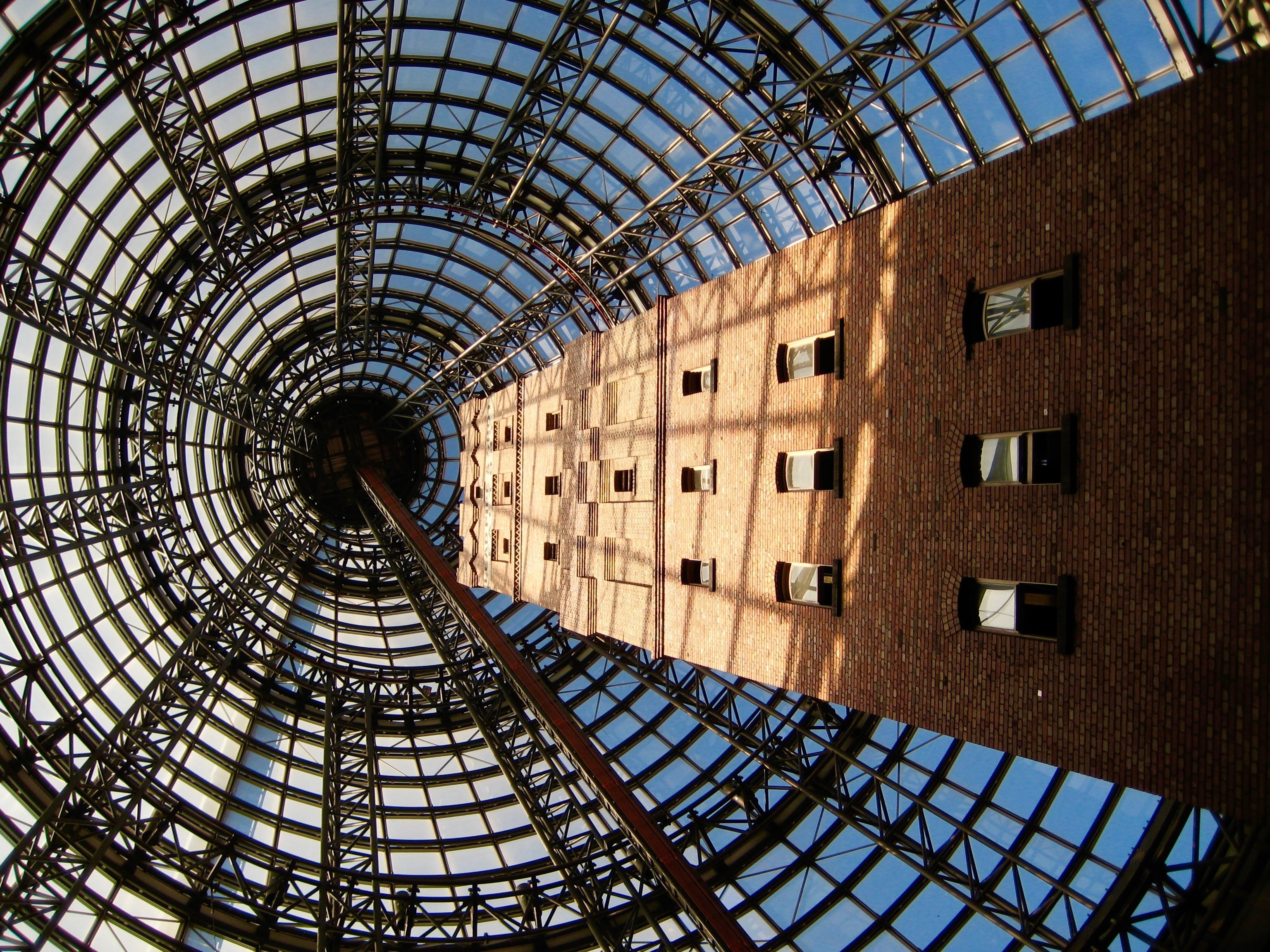 brick, city, shape, design, no people, outdoors, windows, inside, dome, directly below, perspective, sunlight, steel, looking up, building exterior, clear, HD Wallpaper