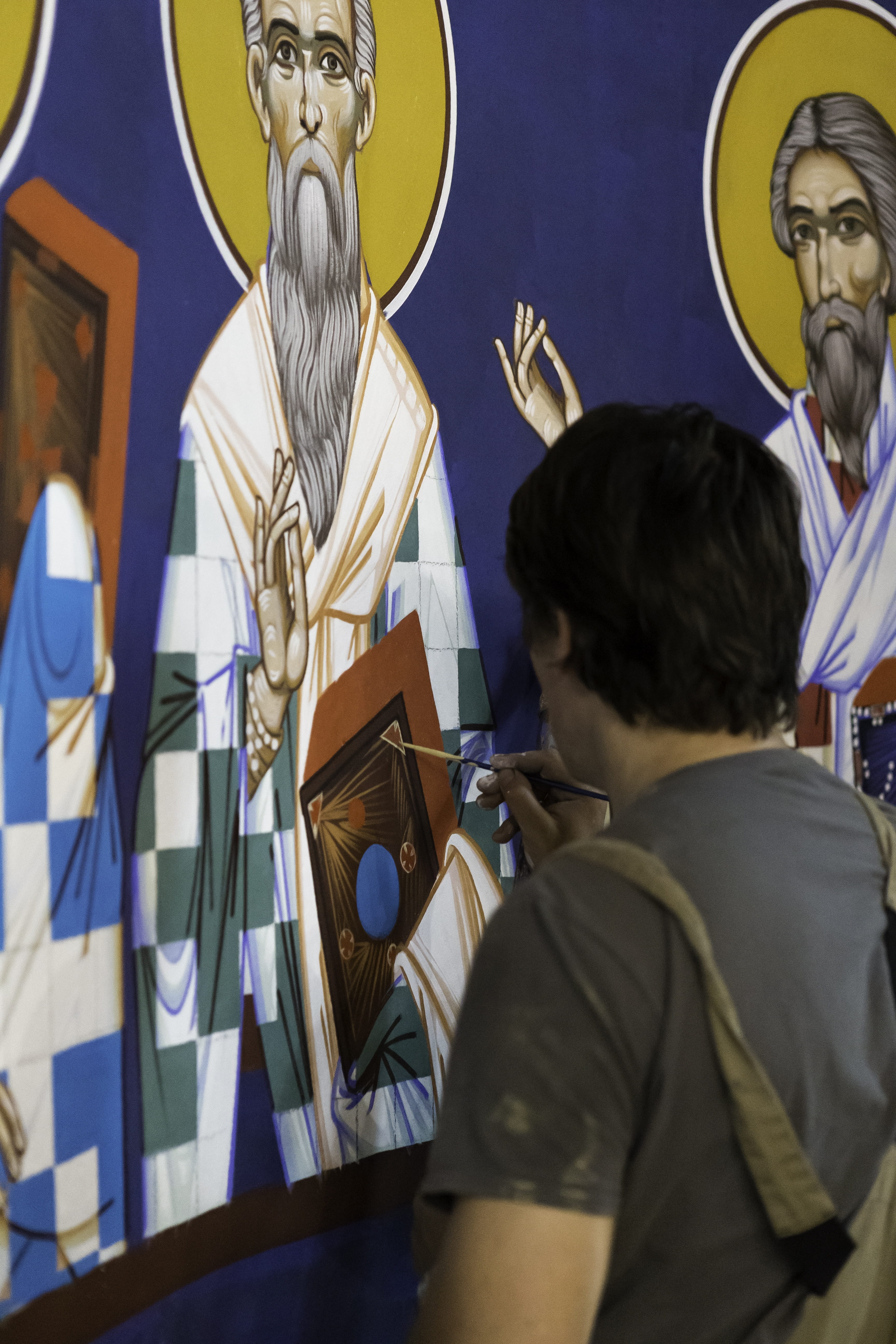 musical instrument, human representation, male likeness, men, architecture, serbia, people, artist, musician, st sava chapel, icon painting, rear view, Phone HD Wallpaper
