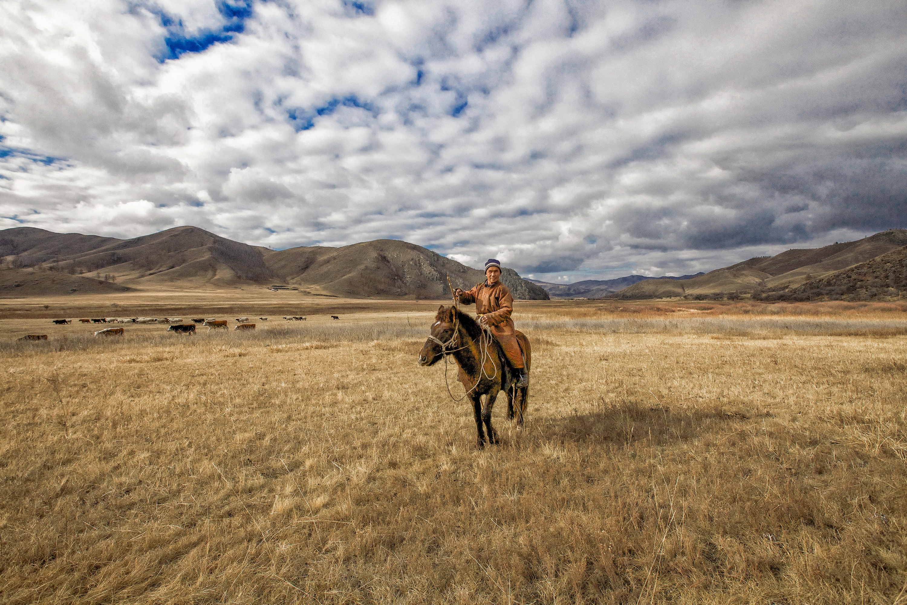 cloud - sky, mountain range, 2K, mountain, earth, mature men, walking, environment, one person, animal, land, man, outdoors, late autumn, sky, horse, scenics - nature, HD Wallpaper