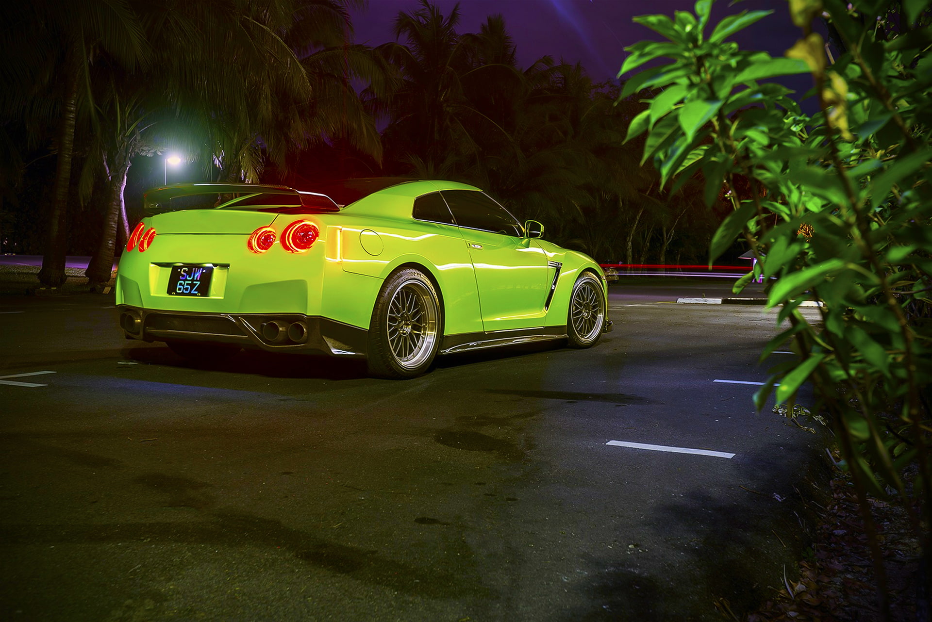 stationary, luxury, Green, Tomei, night, vintage car, Car, nature, Nissan, plant, no people, yellow, Sport, road, transportation, R35, Back, sports car, HD Wallpaper