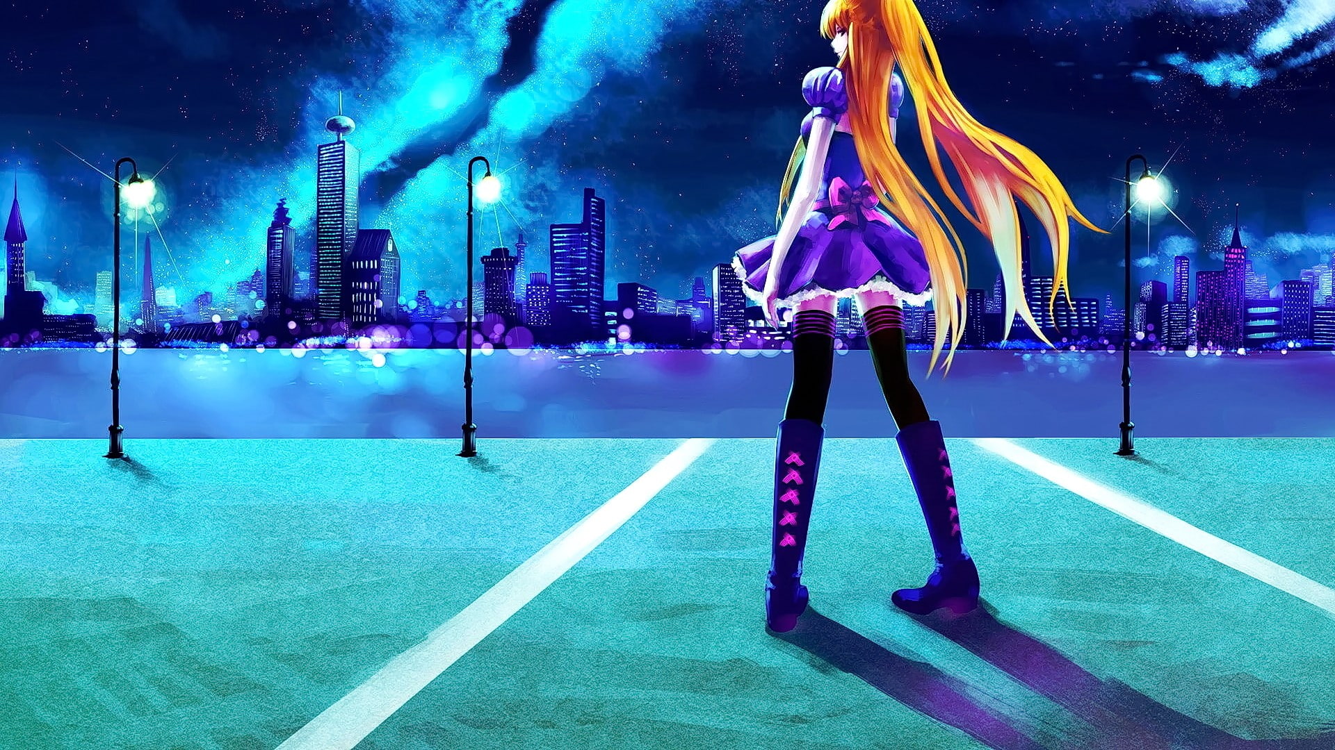 real people, outdoors, skyscraper, ice rink, lighting equipment, illuminated, anime, blonde, lifestyles, standing, anime girls, light, long hair, city, HD Wallpaper