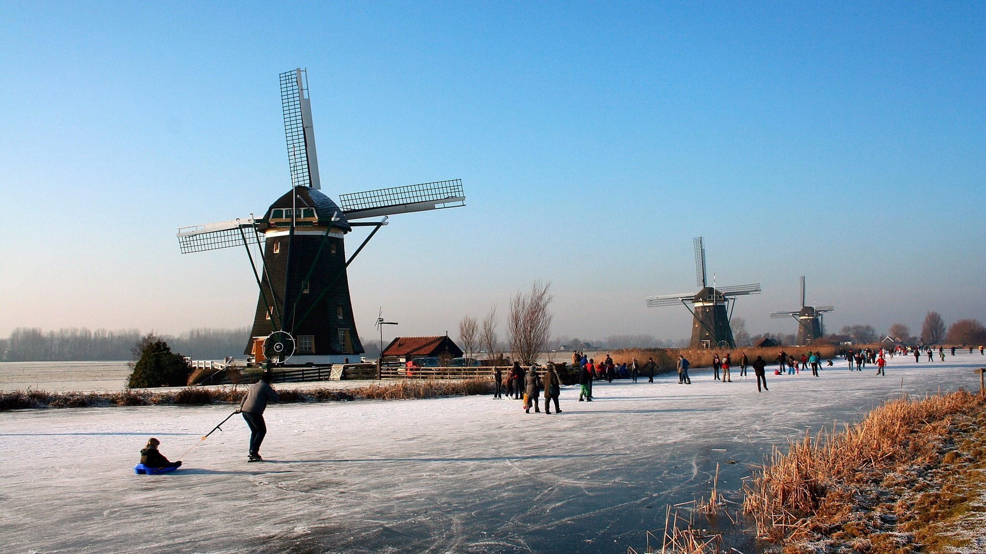 built structure, 1080P, wind turbine, winter, ice, wind power, group of people, nature, building exterior, renewable energy, environment, alternative energy, HD Wallpaper