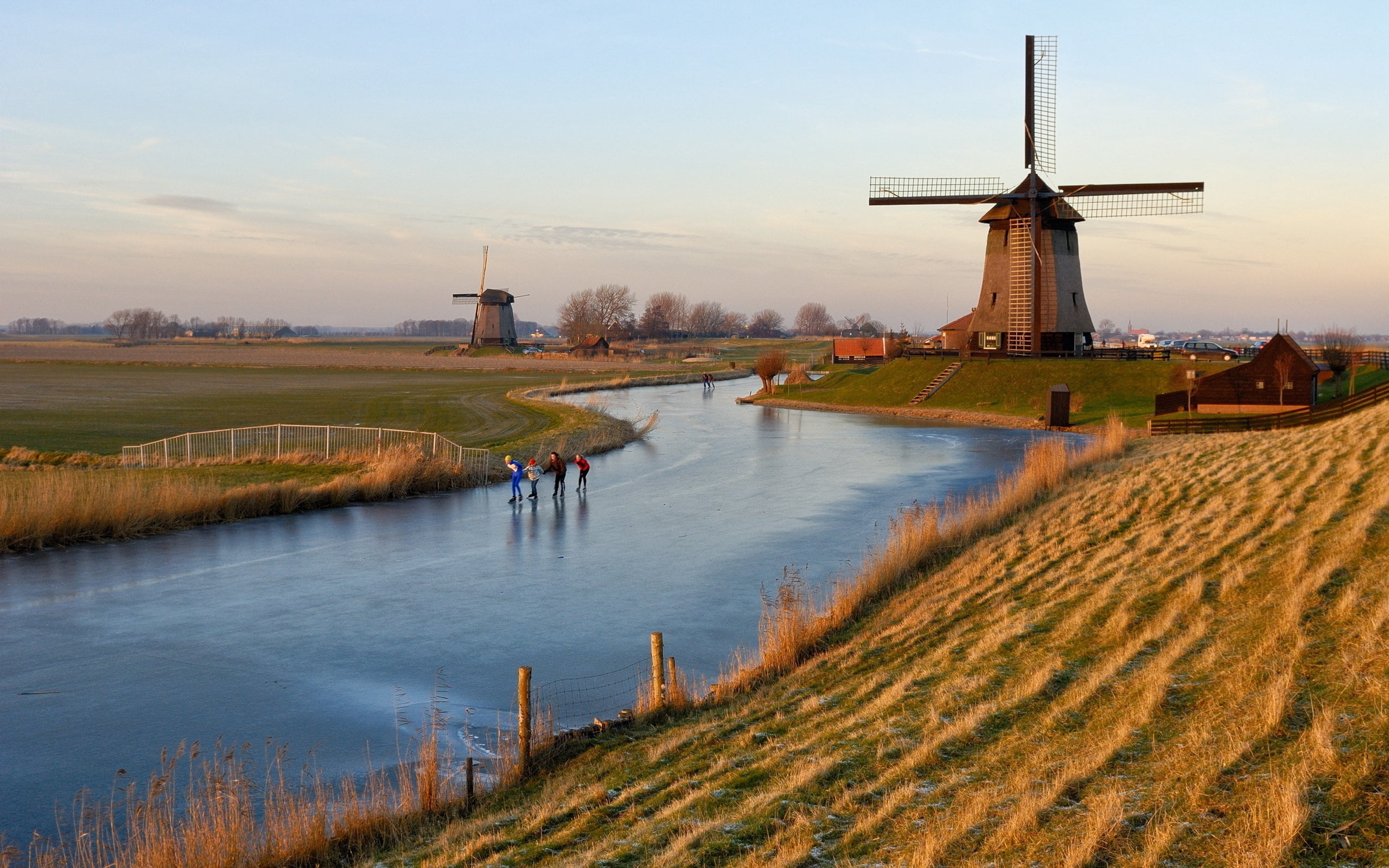 electricity, polder, ice, skating rink, windmill, propeller, brown, meadow, springtime, scenics, watermill, outdoors, sky, tower, rural Scene, netherlands, HD Wallpaper