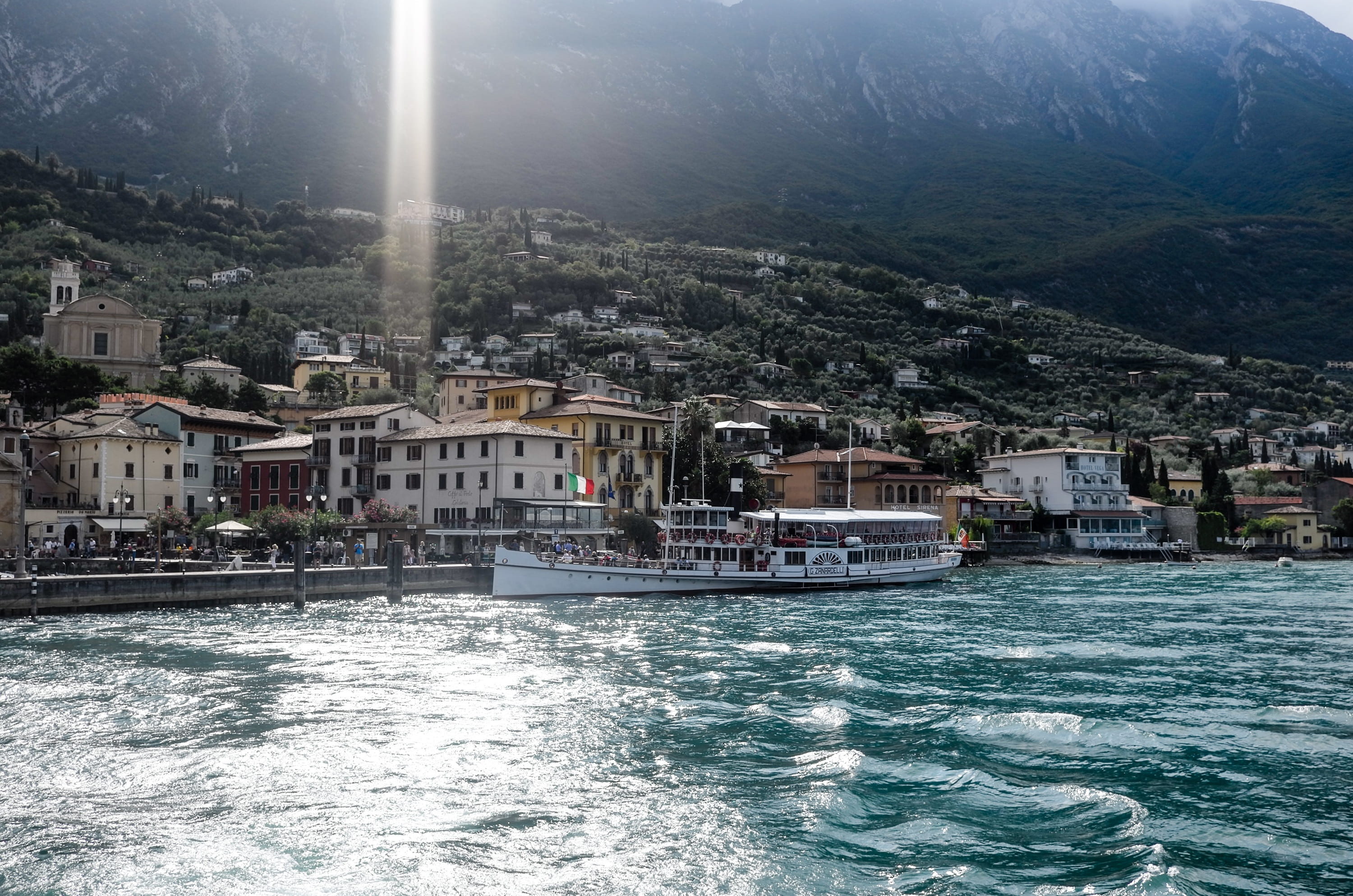 travel destinations, cliffs, water, transportation, no people, sea, garda, tourist destination, travel, building, at malcesine, outdoors, nature, passenger craft, HD Wallpaper
