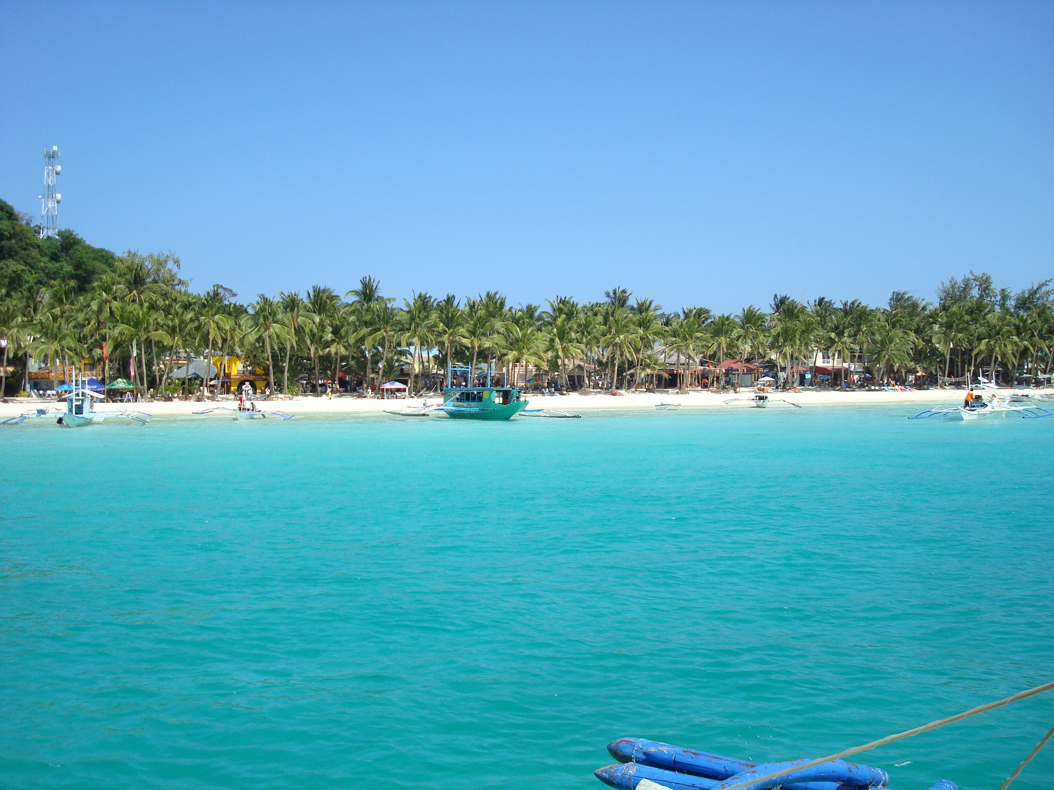 boat, boracay beach, water, blue, outdoors, transportation, tree, coast, plant, tropical climate, scenics - nature, clear sky, 1080P, palm tree, incidental people, HD Wallpaper