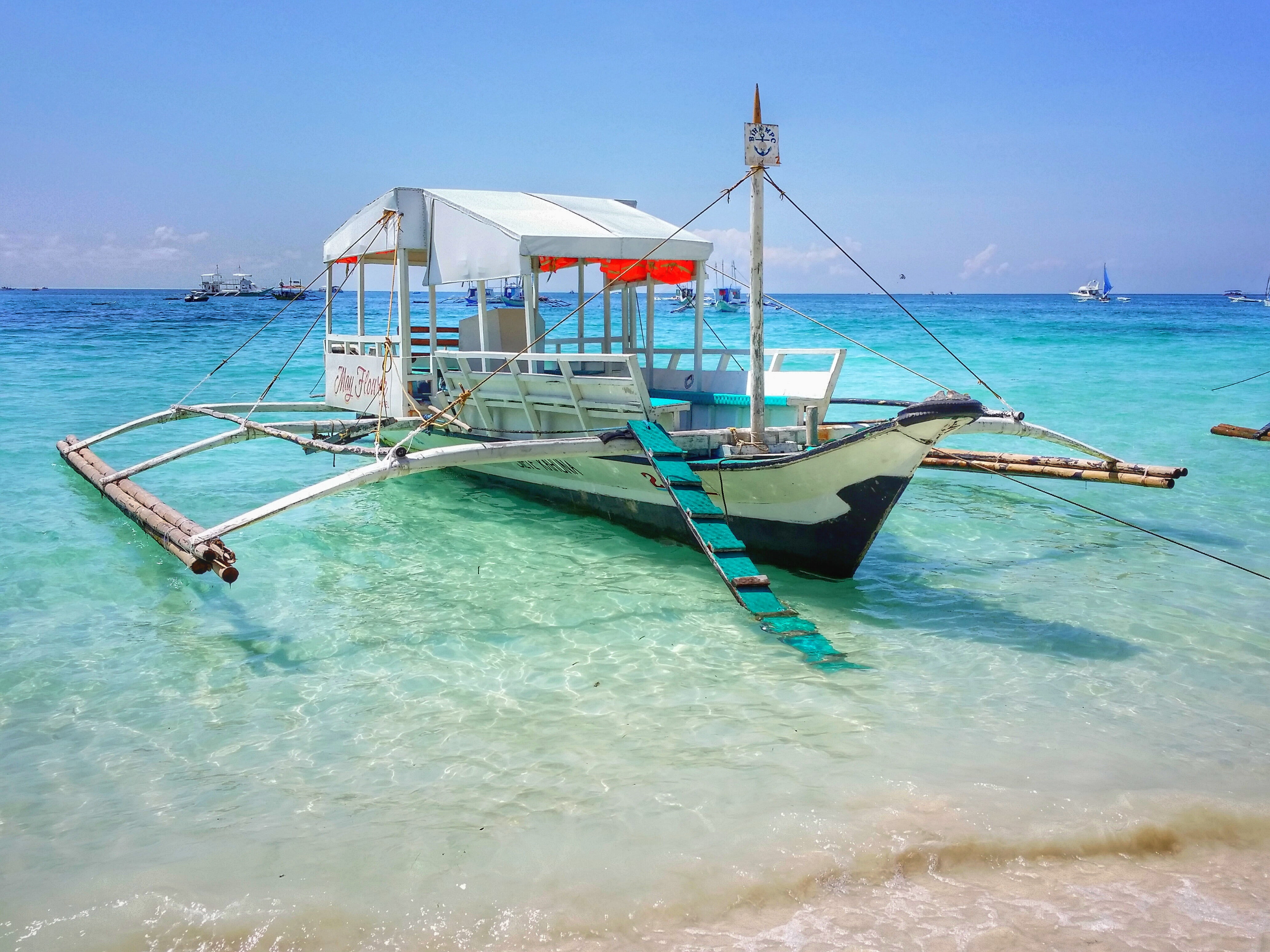 body, nature, philippines, sky, scenics - nature, gorgeous, day, fishing industry, white, blue, fishing boat, traditionally, tranquil scene, mode of transportation, HD Wallpaper