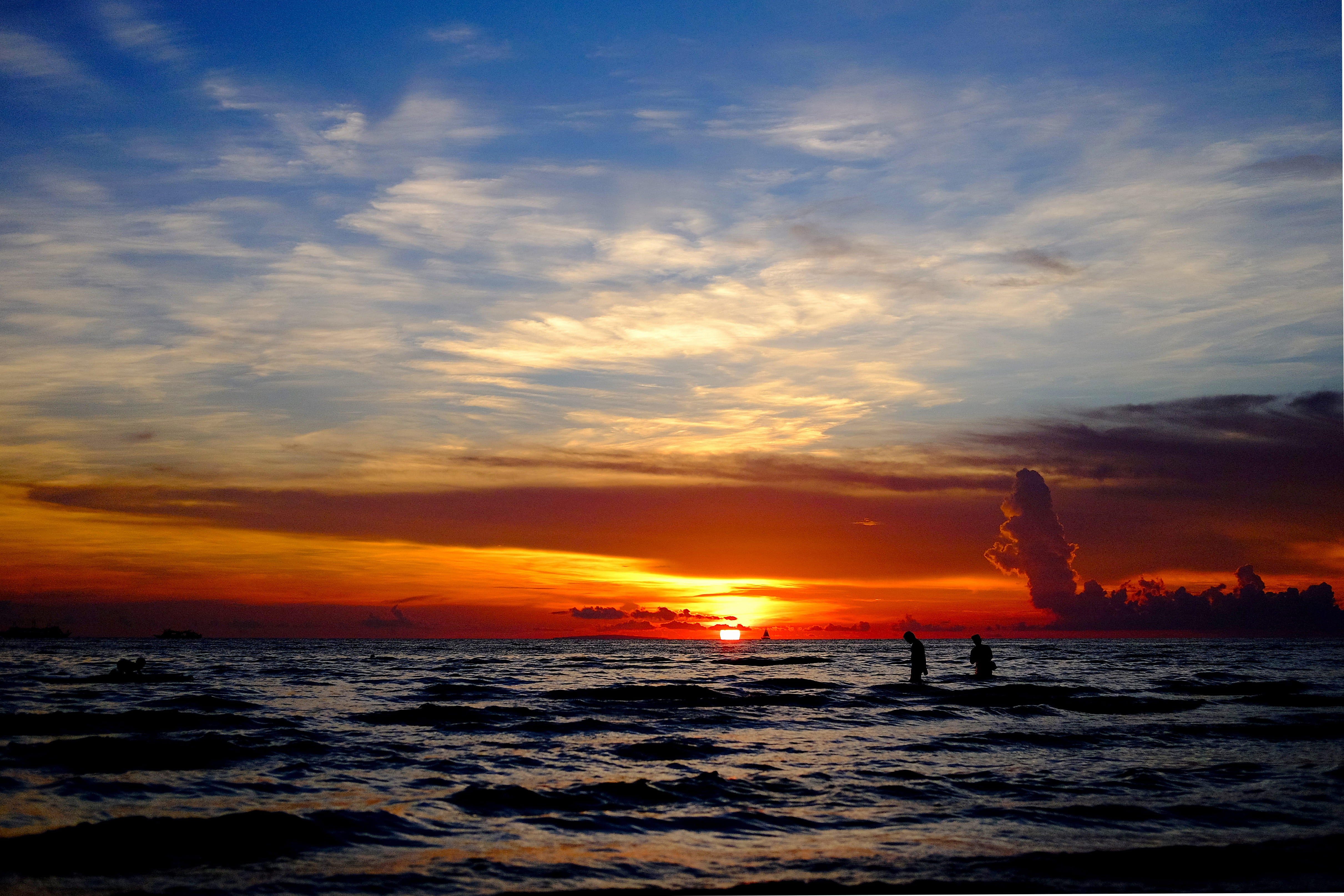 beach, person, motion, outdoors, orange, tranquility, sky, cloud - sky, scenics - nature, sunset, water, land, beauty in nature, scenery, blue, cloud, boracay, HD Wallpaper