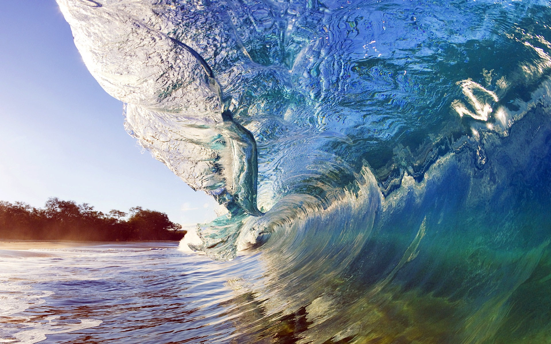 non-urban scene, wave, land, idyllic, environment, water, nature, landscape, wall, motion, tranquil scene, waves, beauty in nature, tranquility, barrel, HD Wallpaper