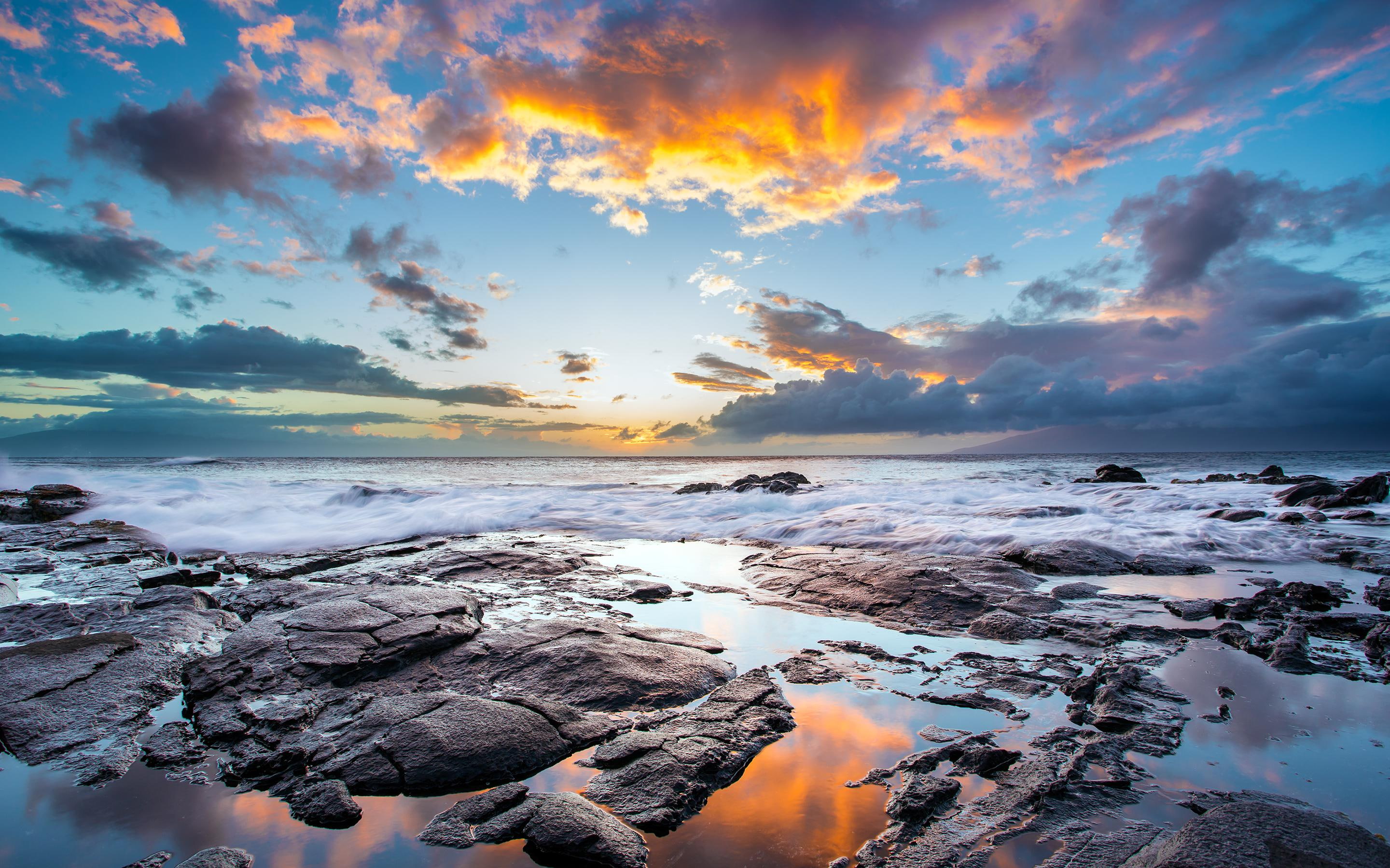 2K, sunset, hawaiian, rocky, maui, seashore, island, HD Wallpaper