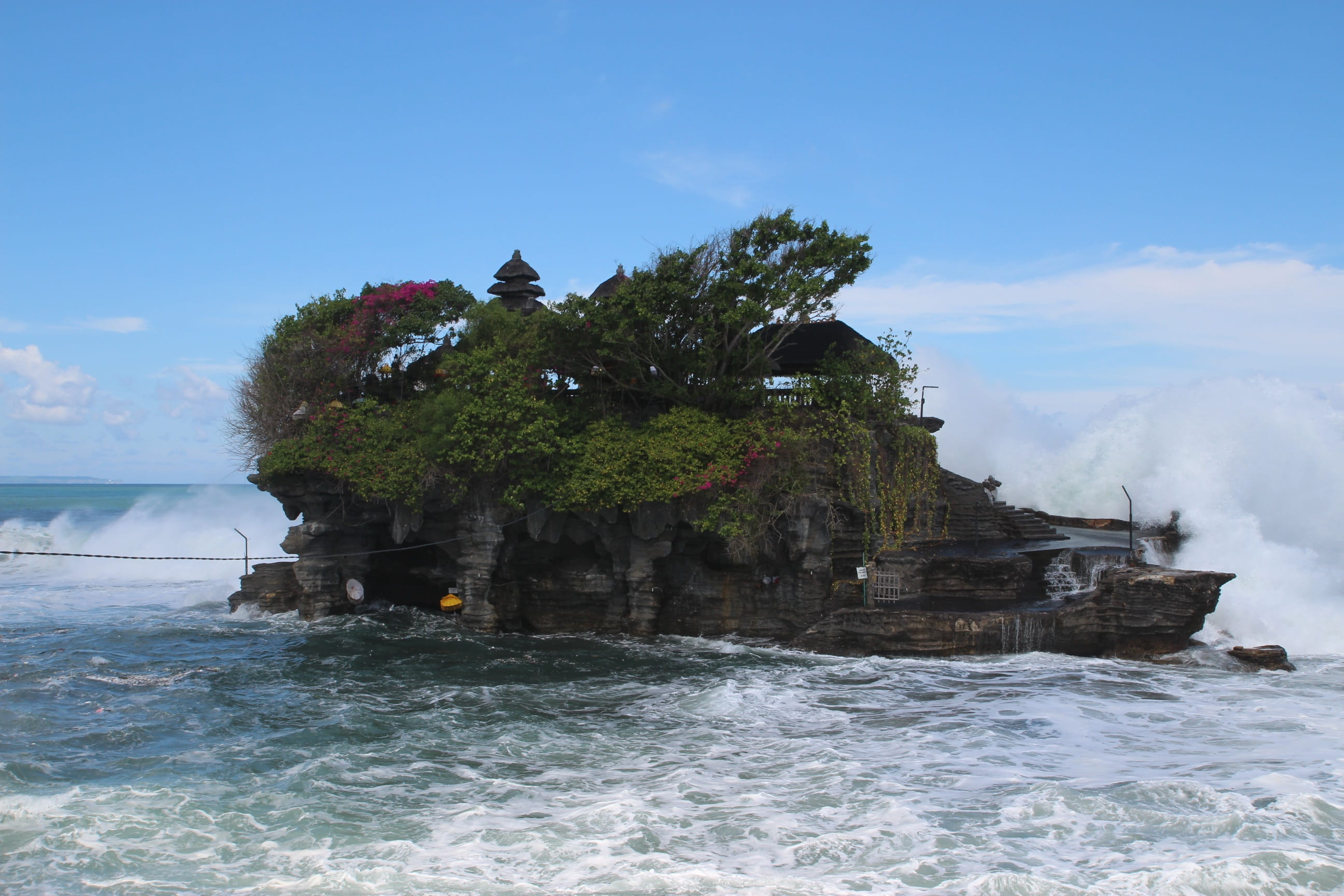 beauty in nature, day, nature, land, Bali, rock formation, sea, sky, 2K, tree, power in nature, scenics - nature, Tanah Lot, solid, water, Tourism, wave, HD Wallpaper