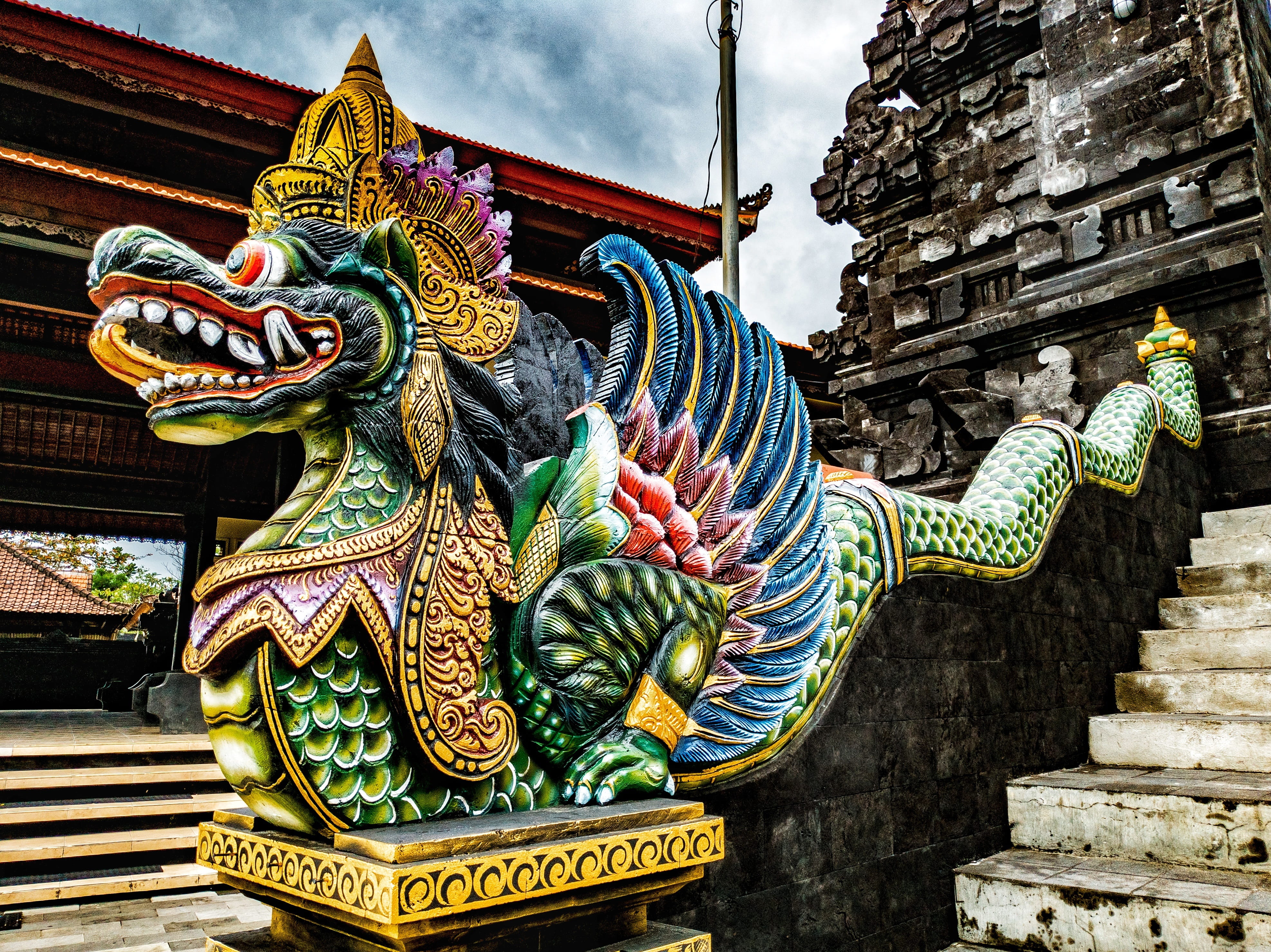 built structure, travel, low angle view, indonesia, 4K, chinese dragon, building exterior, ornate, vacations, place of worship, around the world, outdoors, HD Wallpaper
