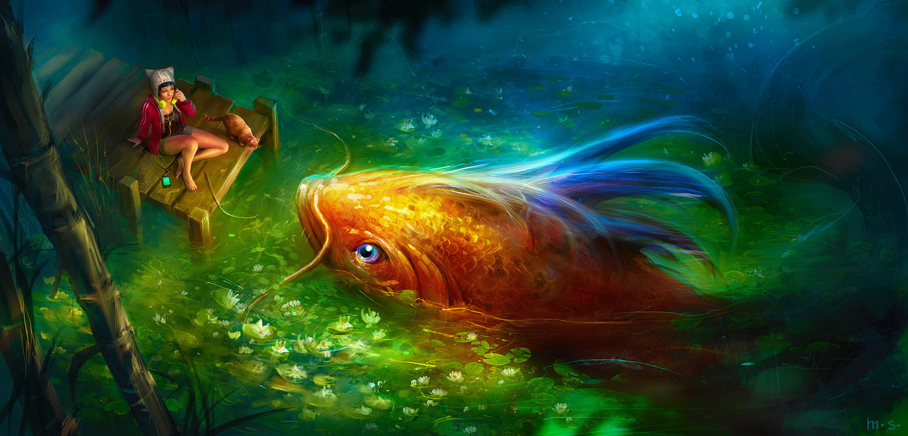 animals, artwork, 720P, lake, fish, car, nature, women, fantasy art, headphones, pier, HD Wallpaper