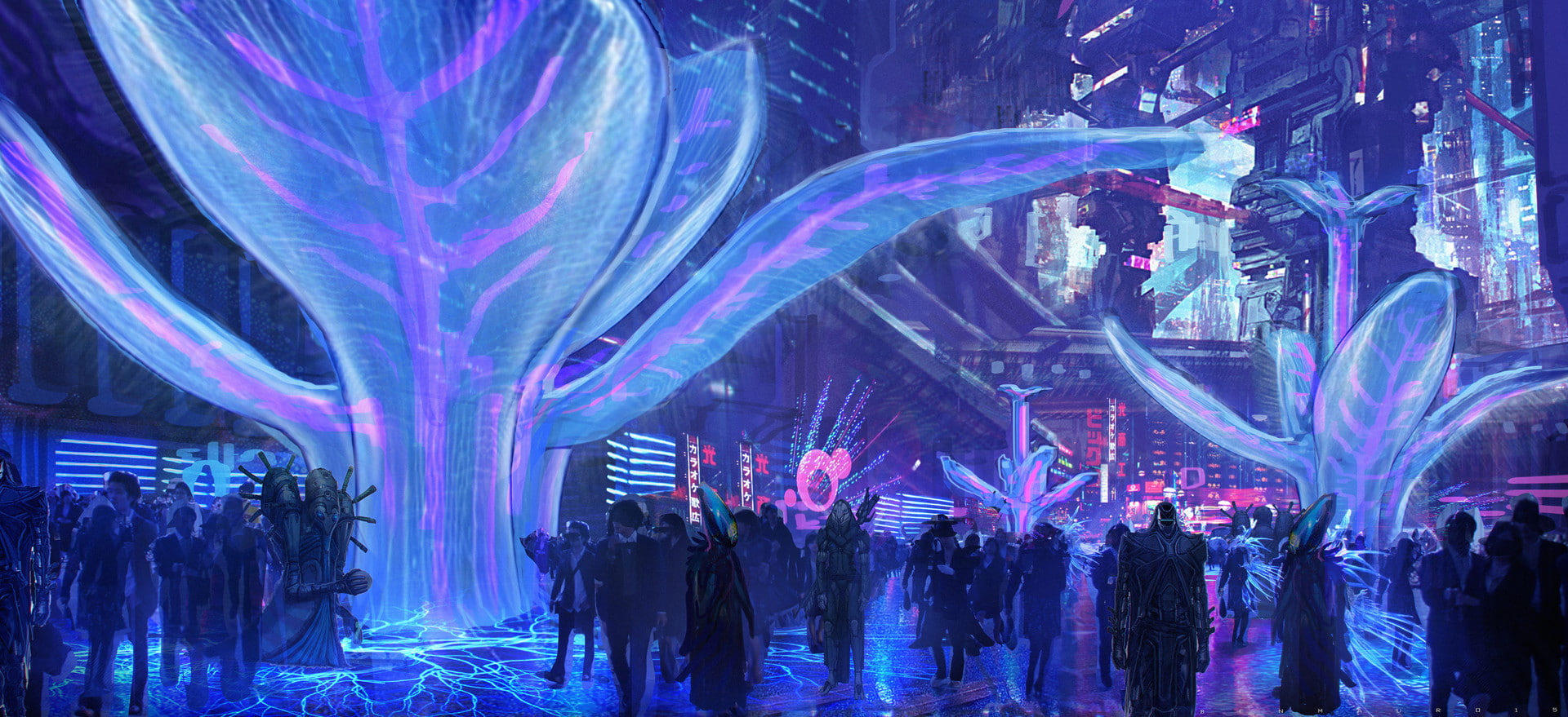 crowds, plants, concept cars, aliens, Ben Mauro, Valerian and the City of a Thousand Planets, science fiction, 1080P, Big Market, HD Wallpaper