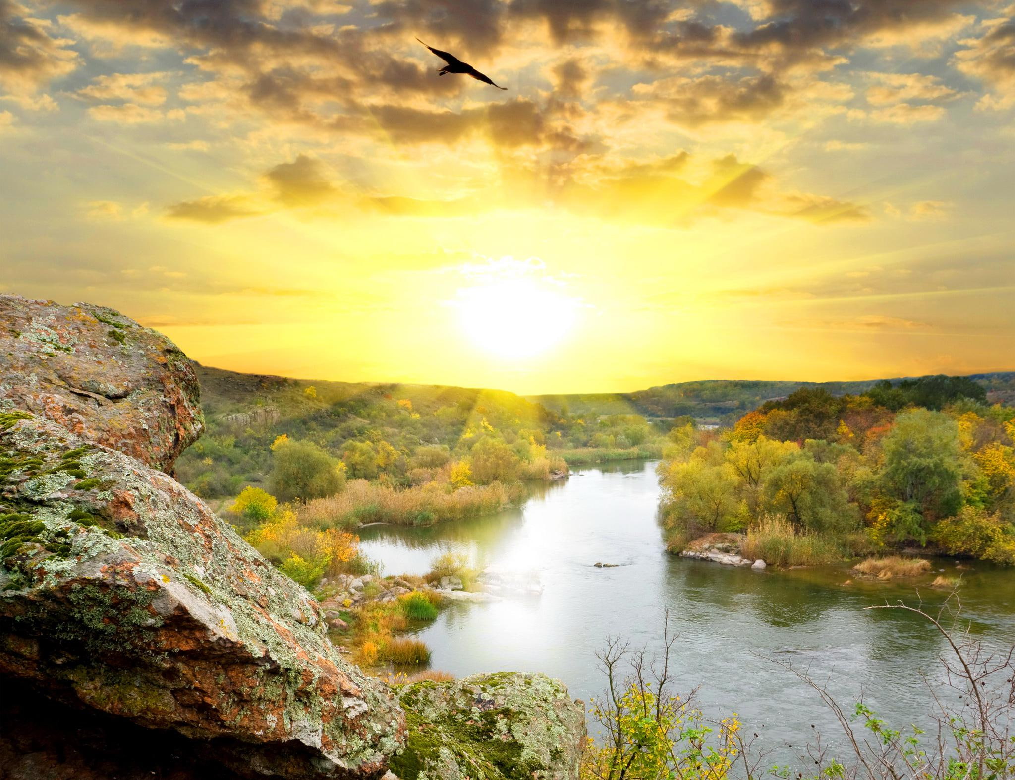 green, 1080P, scenery, autumn, mobile, sunsets, trees, brown, rock, sunrises, grey, rivers, nature, HD Wallpaper