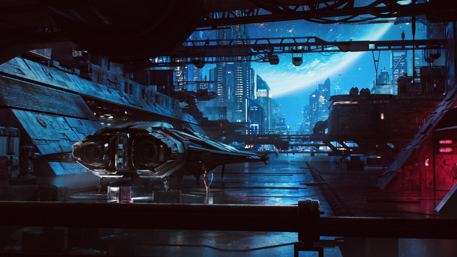 Saby Menyhei, science fiction, futuristic, 1080P, planet, city, spaceship, skyscraper, HD Wallpaper