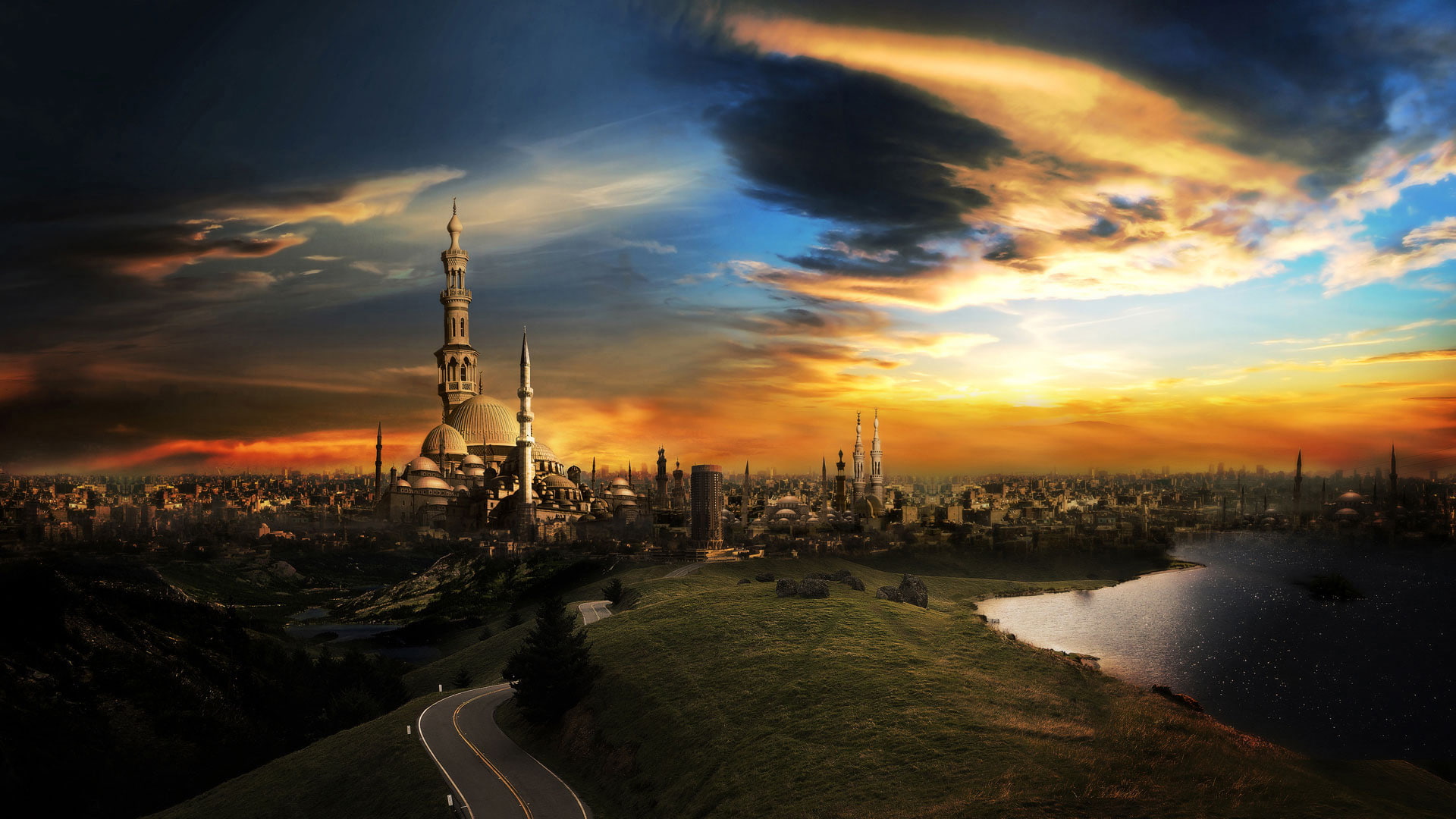 creative and graphics, minarets, creative, 1080P, hd, thousand, city, graphics, the, a, HD Wallpaper